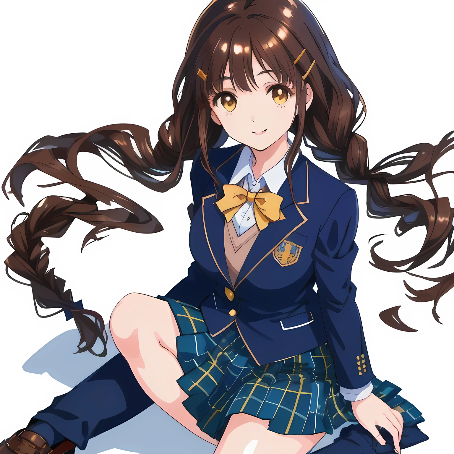 highest quality, (masterpiece:1.2), High resolution, perfect pixel, very detailed,thin sharp lines, (half realistic anime art), ((smooth texture:1.2)), ２A girl looks at the viewer and smiles happily., glossy lips, Neat and nice smile, big brown eyes, (((dark brown hair))), All  old, big shiny hair clip, , ((Dark blue blazer with golden emblem on the left chest)), ((絹のような質感の realistic girly large deep blue Japanese school ribbon bow tie)), very shiny hair、laughter、bright look、Both face and hair catch the light and shine, Cute braids, (((a pair of dark brown tightly braids hair style))), ((((smooth shiny realistic dark blue & deep navy colored tartan checkered middle long skirt)))), the skirt is very cute, brown leather shoes, white socks, 