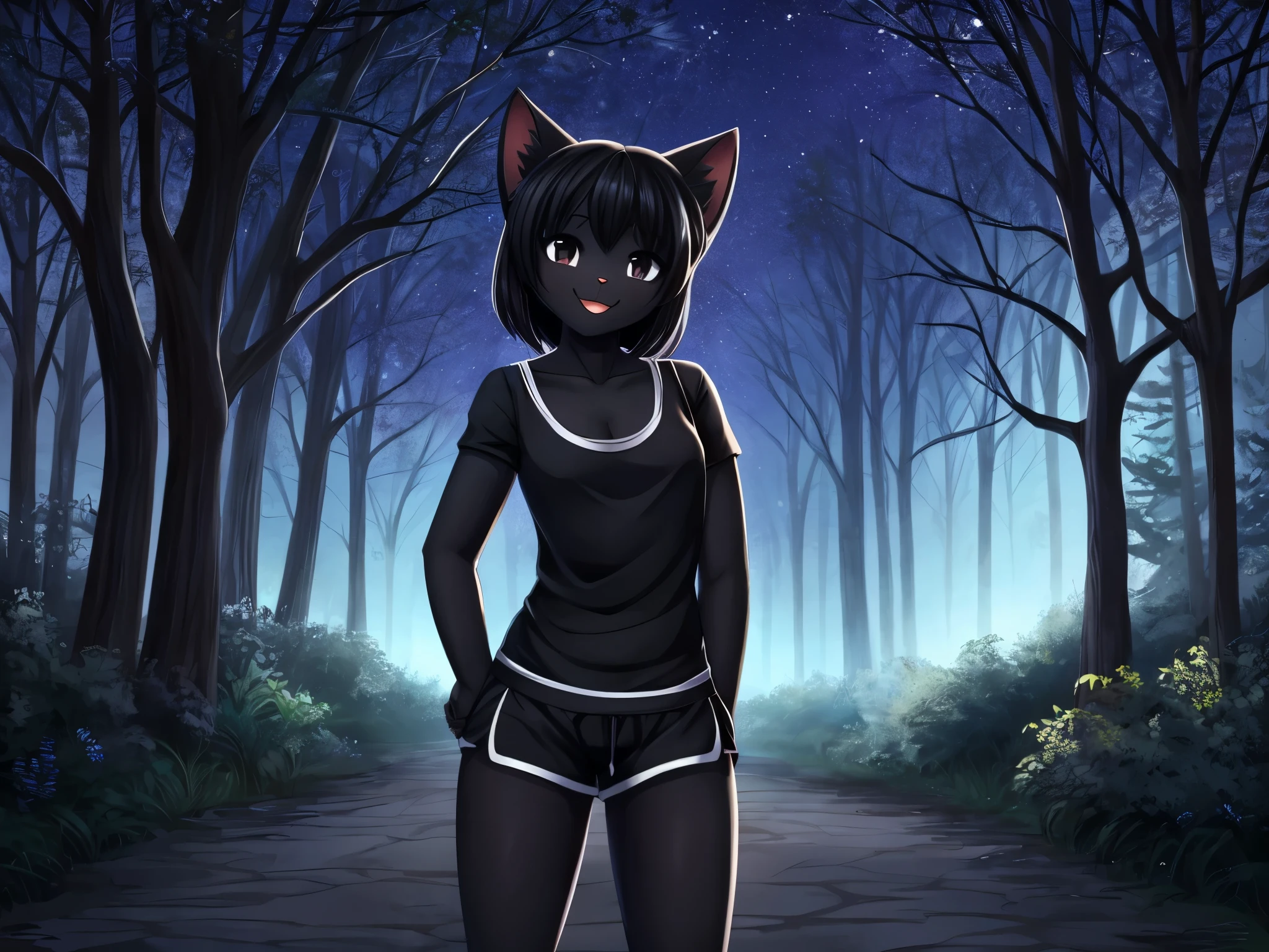 1girl, anthropomorphic domestic cat, black cat, deep black fur, black hair, 21 years old, small breasts, black shirt, gym shorts, outside, forest path, night time, high res, masterpiece, arms behind back, cute, by themself, no one around, happy.