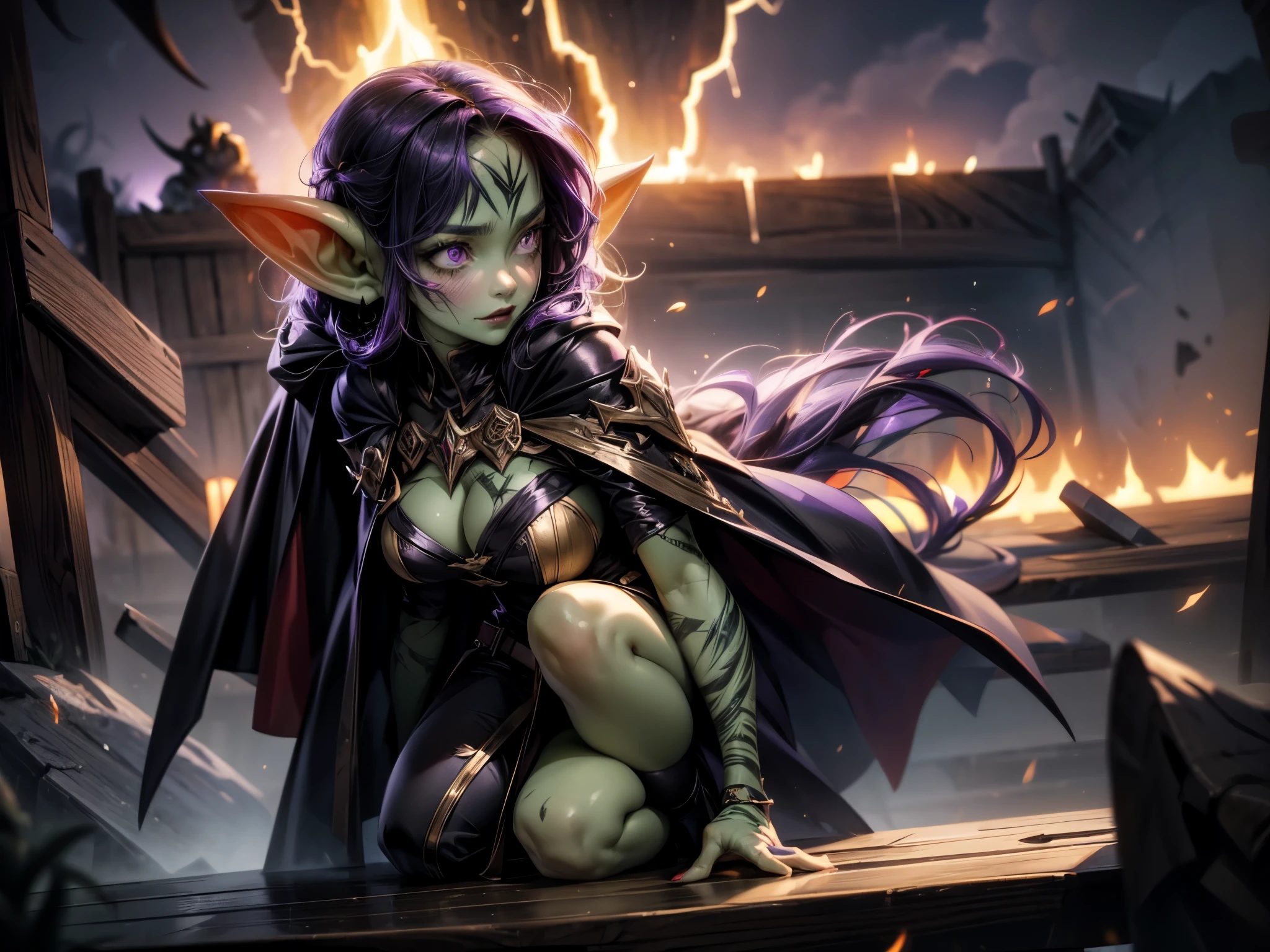 4k, masterpiece, evil goblin sorcerer, epic fantasy digital art style, dark fantasy style art, conjuring lightning, fire, wind, tornado, hurricane, storm, wearing long ornate black robes and cape, hurricane wind blowing robes and cape back, green skin, purple short spiky purple hair, pointy ears, big evil grin, bright red eyes, dangerous, evil, chaotic, 1girl, evil, dangerous, action scene, claws, black leg wraps, fierce