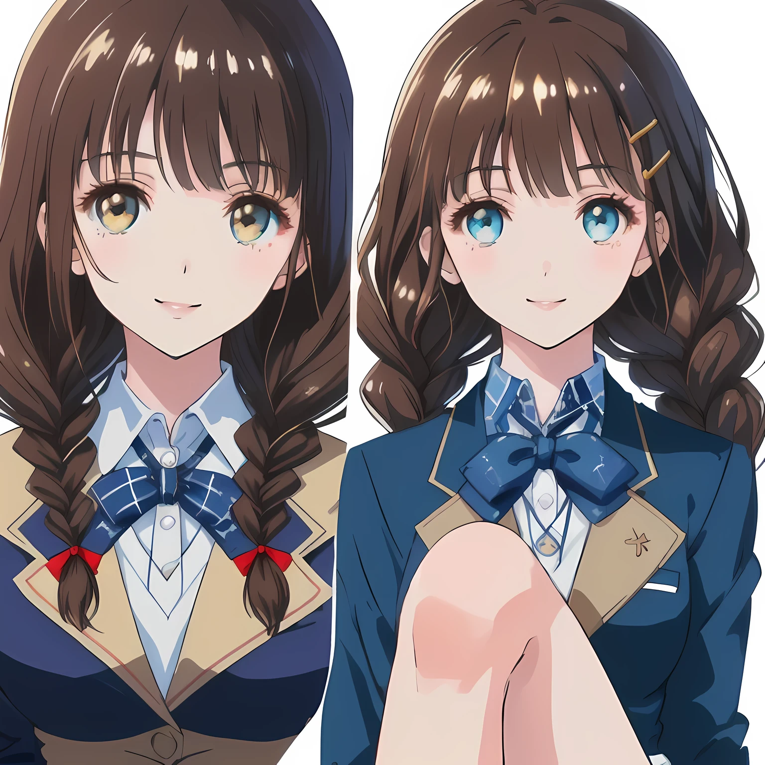 highest quality, (masterpiece:1.2), High resolution, perfect pixel, very detailed,thin sharp lines, (half realistic anime art), ((smooth texture:1.2)), ２A girl looks at the viewer and smiles happily., glossy lips, Neat and nice smile, big brown eyes, (((dark brown hair))), All  old, big shiny hair clip, , ((Dark blue blazer with golden emblem on the left chest)), ((絹のような質感の realistic girly large deep blue Japanese school ribbon bow tie)), very shiny hair、laughter、bright look、Both face and hair catch the light and shine, Cute braids, (((a pair of dark brown tightly braids hair style))), ((((smooth shiny realistic dark blue & deep navy colored tartan checkered middle long skirt)))), the skirt is very cute, brown leather shoes, white socks, 