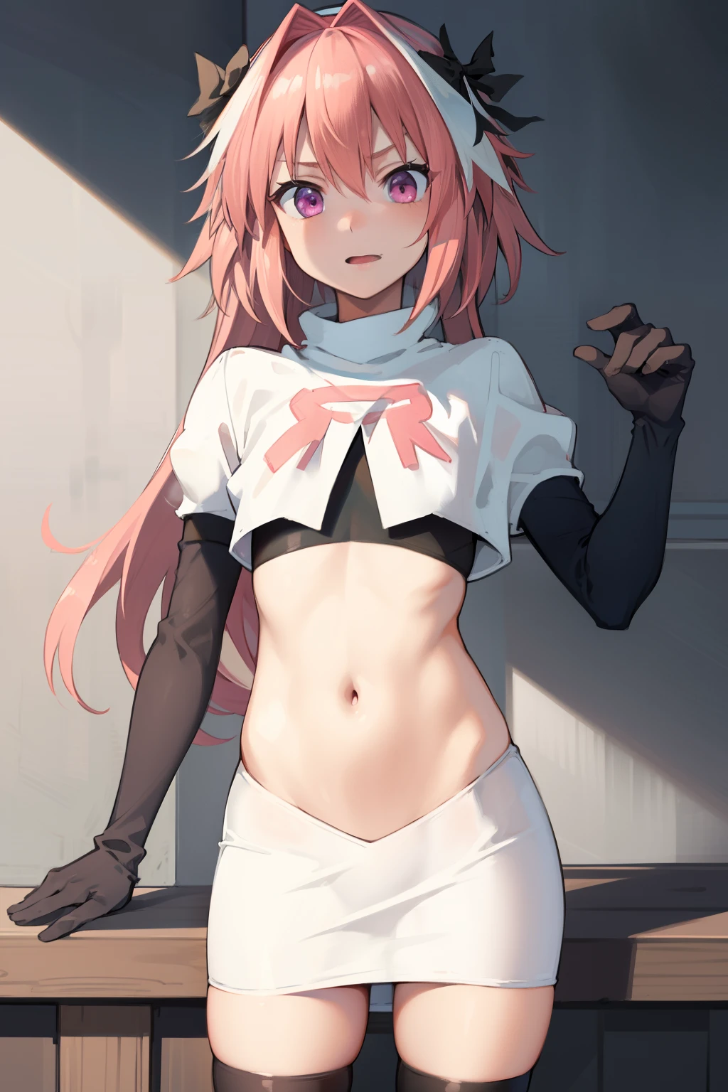 absurdres, masterpiece, best quality, (astolfo fate:1.2155), 1boy, male focus, trap, pink multicolored hair, pink hair, white hair, hair intakes, long hair, pink detailed eyes, crossdressing,1boy, team rocket,team rocket uniform, red letter R, white skirt,white crop top,black thigh-highs,black elbow gloves