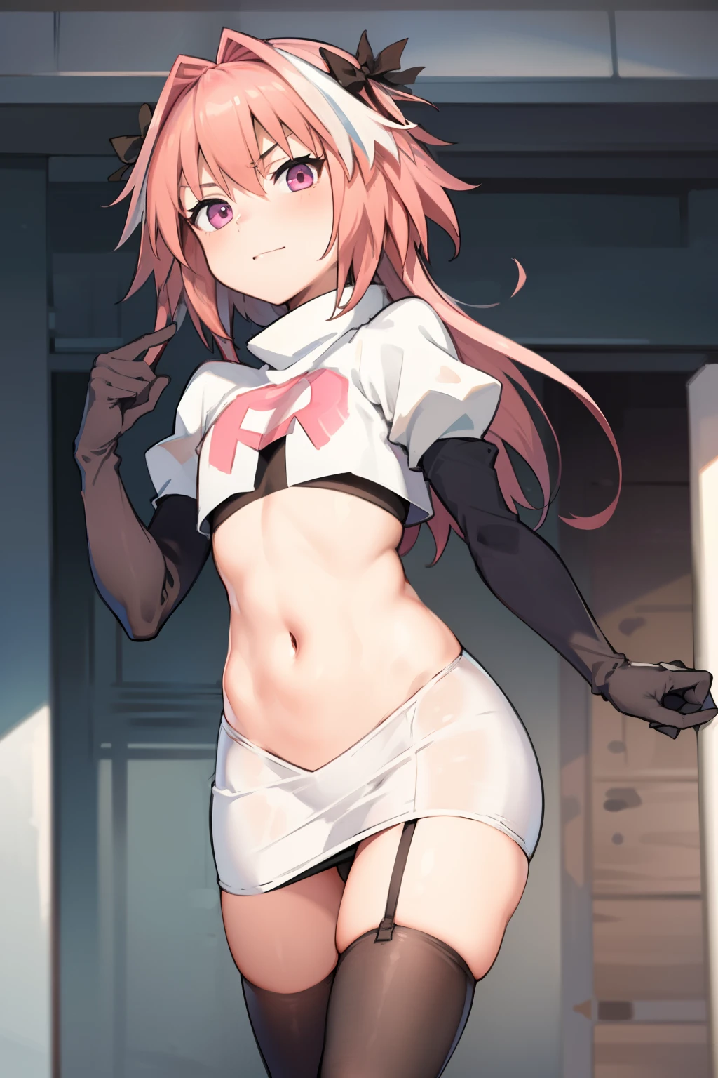 absurdres, masterpiece, best quality, (astolfo fate:1.2155), 1boy, male focus, trap, pink multicolored hair, pink hair, white hair, hair intakes, long hair, pink detailed eyes, crossdressing,1boy, team rocket,team rocket uniform, red letter R, white skirt,white crop top,black thigh-highs,black elbow gloves