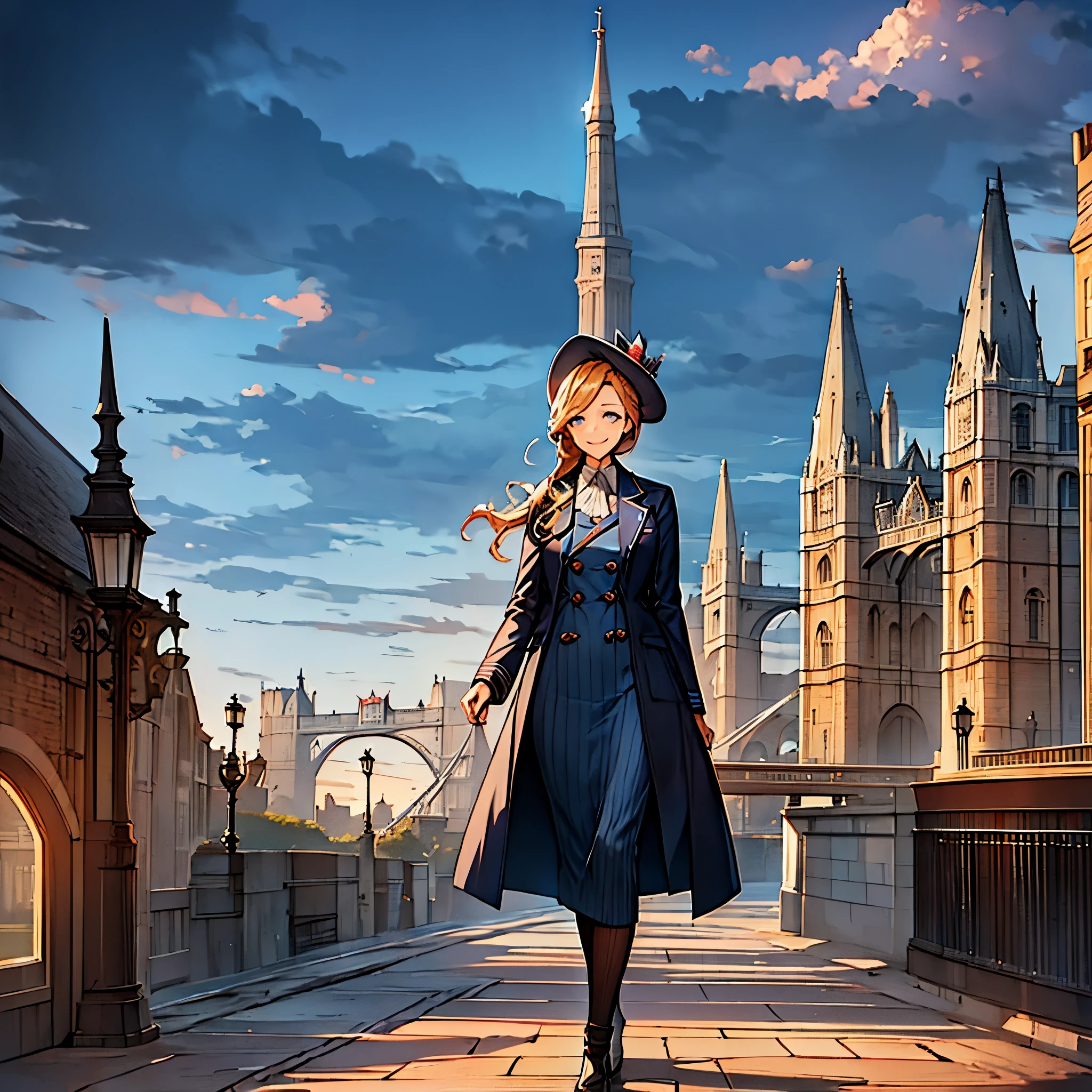 A woman with a long blue coat, personalized with the flag of Great Britain, blonde hair, wearing a feminine hat, blue eyes, smiling, on Tower Bridge of England, with the sky at the end of the sunset, illuminated place, ultra resolution , perfect, very detailed, work of art, 4k hd
