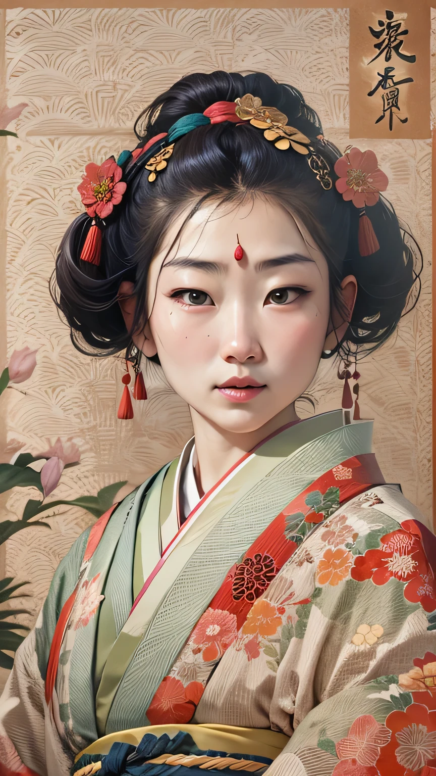 Sharaku,portrait of a woman,it's in the middle of the image, There are some Japanese effects and decorations scattered throughout the photo