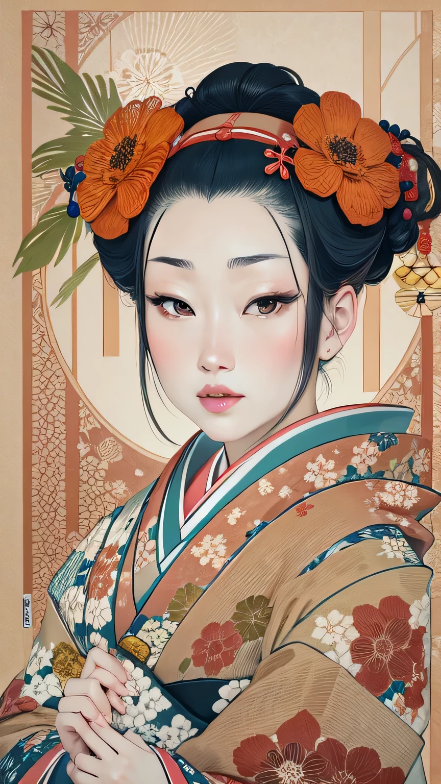 Sharaku,portrait of a woman,it's in the middle of the image, There are some Japanese effects and decorations scattered throughout the photo
