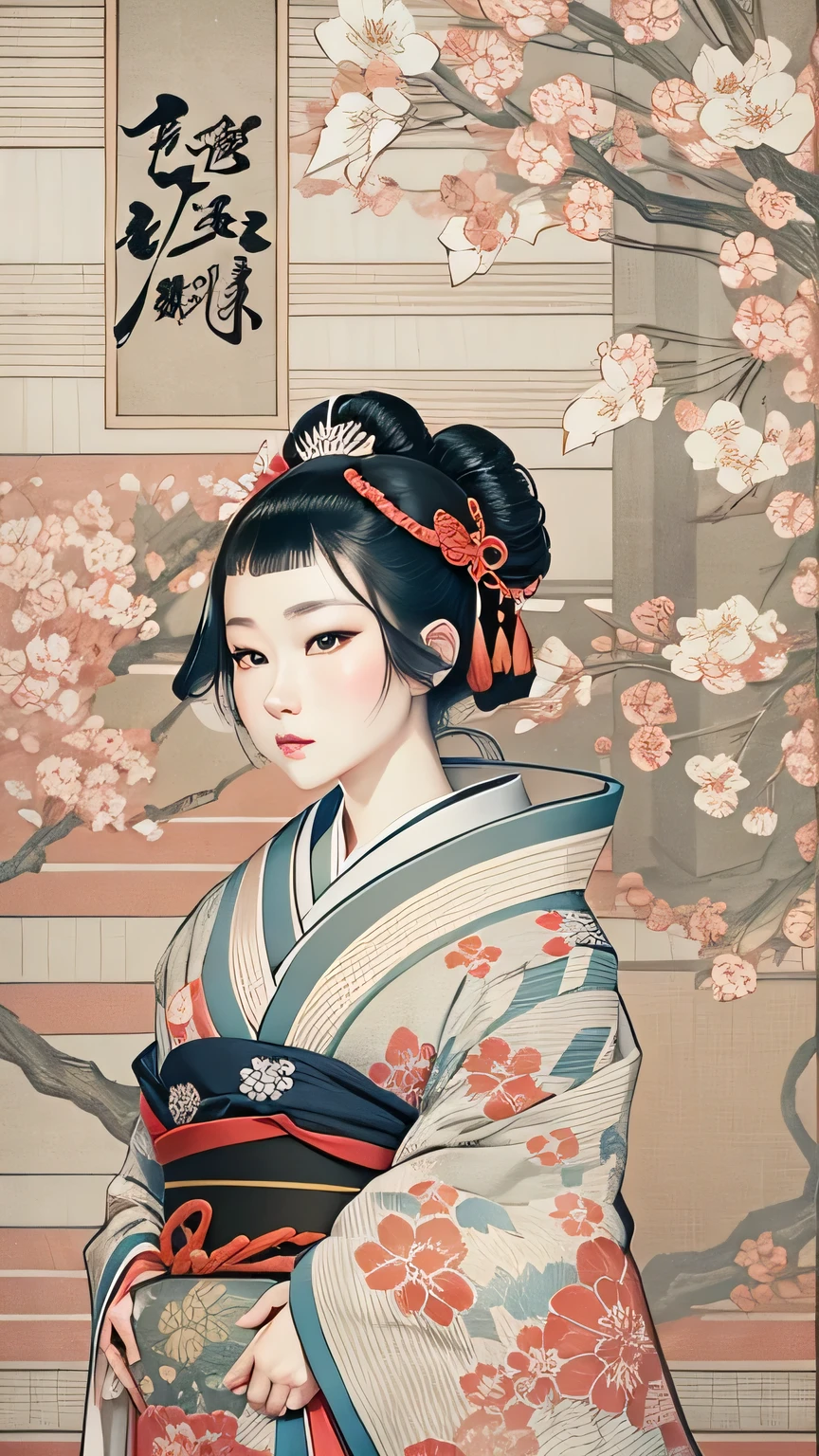 Sharaku,portrait of a woman,it's in the middle of the image, There are some Japanese effects and decorations scattered throughout the photo