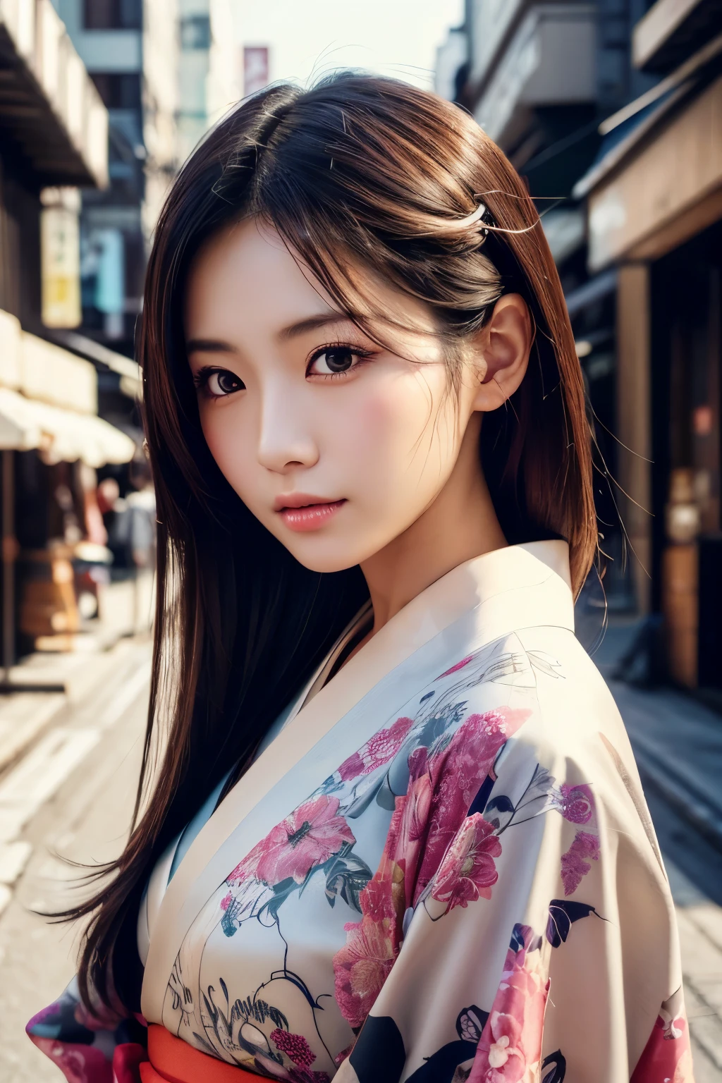 Beautiful Japanese supermodel woman, A lock of hair with slight highlights, black eyes, Sexy，street background，Gorgeous kimono , Liquid color flows across her face, Shooting against the light，Perfect facial lighting，mixed media