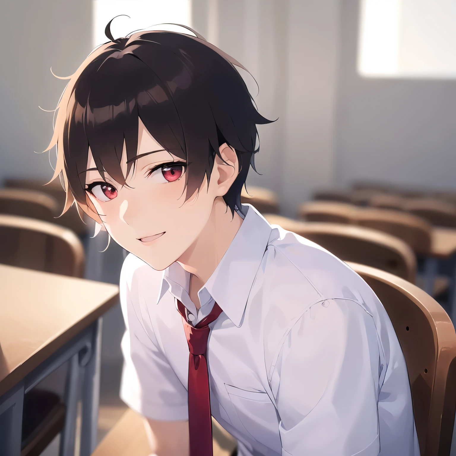 masterpiece、highest quality、(15-year-old male:1.5) and (brown short hair) and (red eyes), (high school uniform) and (wearing a white shirt) and (blue tie)、smile, The background is a classroom、(Alone:1.5)、Upper body is shown、Are standing