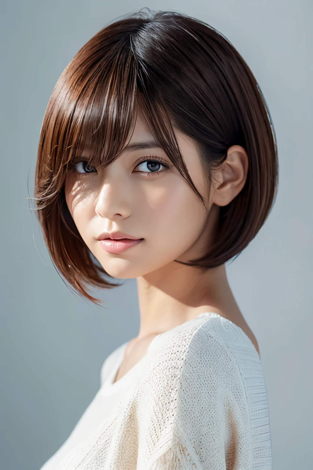Realistic female Beauty Parlor model Realistic white brick background Bob style hairstyle Japanese