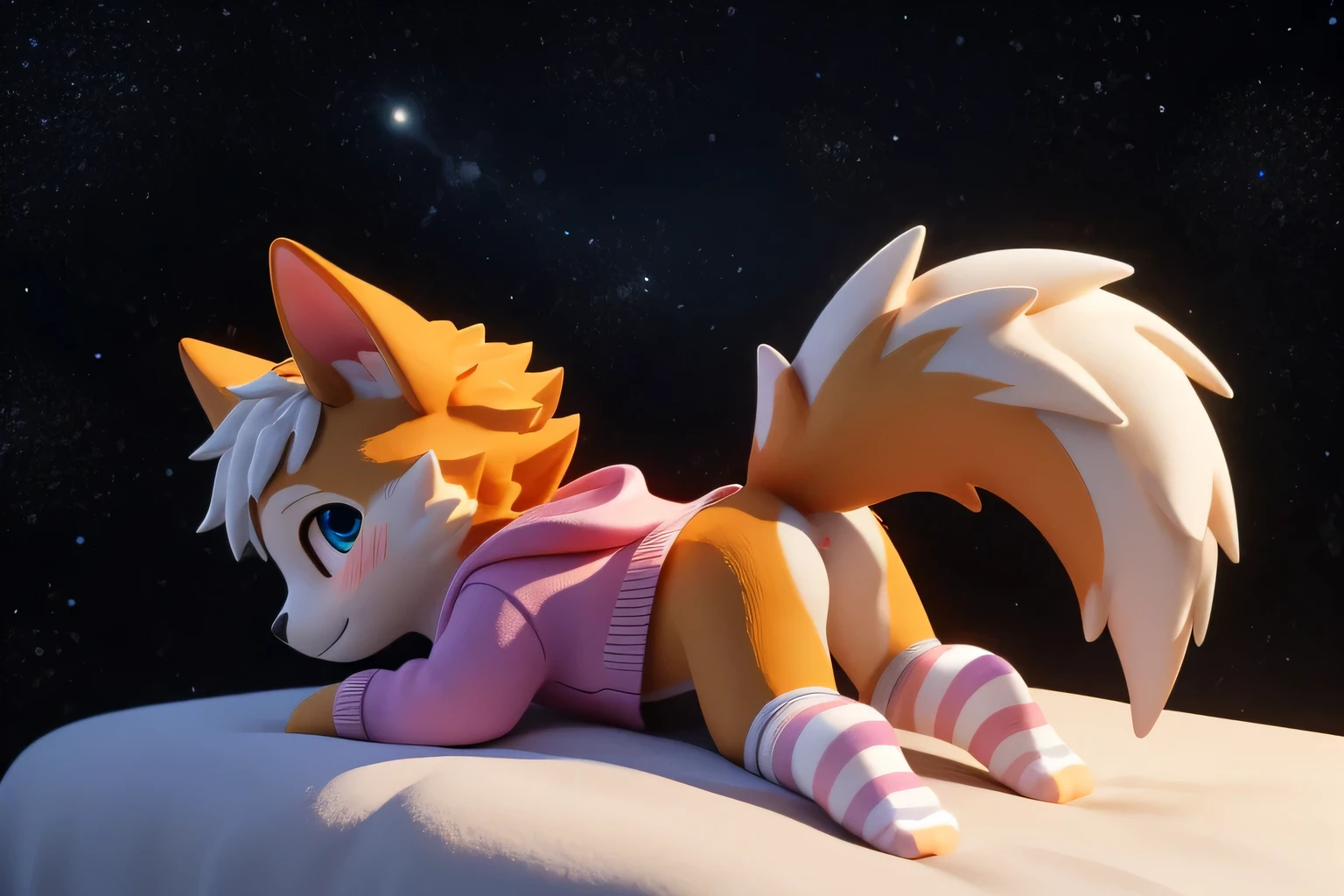 (((wilderness))), ((charming小蓝狐, already, young)) have different colored eyes， chibi， charming，Shy, blush, logo design， Caralready， movie lighting effects， ((3D vector art))， Cute and quirky， fantasy art， Bokeh， Hand Painted， number， soft light， Isometric风格， 4K resolution， photorealistic rendering， High level of detail cleaning， vector image， A lifelike masterpiece， Professional photography， simple space background， Flat white background， Isometric，Vibrant vector, , hoodie, bottomless pit, Fine hairs, Anisotropic fur gloss, ((subsurface scattering)), on the bed, ((The body is very wide)), ((animal genitals)), [[vein]], (on all fours), ((Show rear)), [anus], big tail, ((Striped knee-length socks))