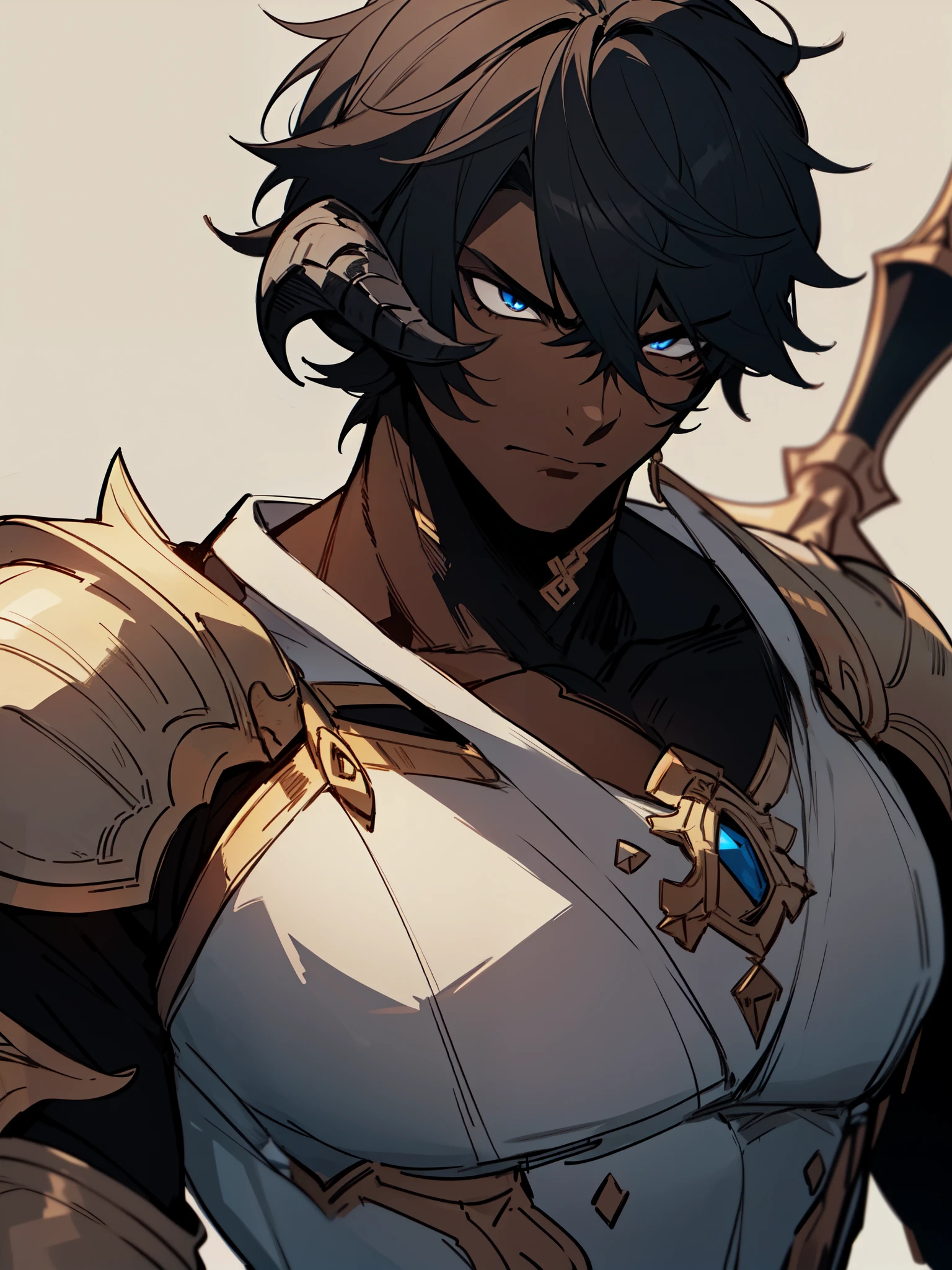 ((black hair)), ((front horns)), ((black au ra)), ((black scales on skin)), (((dark skin))), (knight (final fantasy), ((serious expression)), ((armor)), ((fantasy)), ((muscular build)), (((complementary colors))), ((mature male)), 1boy, beautifully drawn, high resolution illustration, best quality, High definition, ((detailed anime sketch)), Masterpiece, (solo), absurdres, portrait, ((upper body)), ((wild hair)), detailed background, fine detail, male focus, HDR, ((short hair)),
