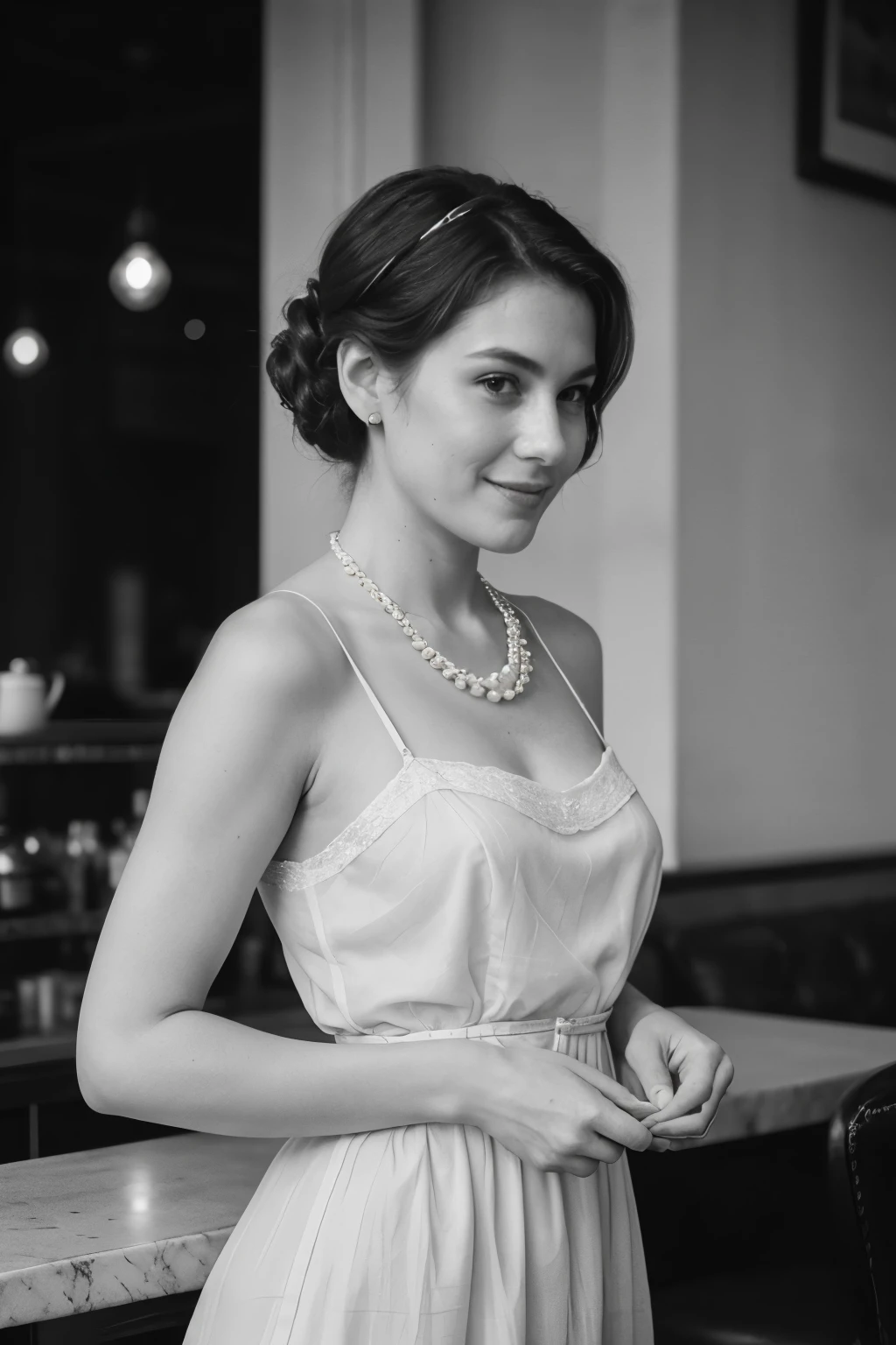 In the heart of Paris, a single lady with an unforgettable presence stands alone at an early 20th century café. Bathed in the soft sepia tones of morning, she wears a vintage lace dress, the texture of which is unparalleled in its clarity and exquisite detail. Her timeless elegance is evident in her refined posture and the classic updo hairstyle adorning her head. Holding a precious pearl necklace in her slender hand, she offers an elegant smile that captivates all who meet her gaze.
This historical portrait was expertly captured by a Leica M10-R camera, equipped with the esteemed Leica
