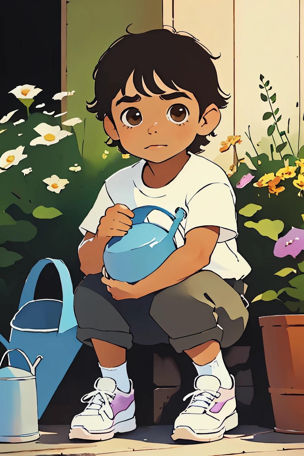 8 year old boy dressed as the character Diego from the kids animation Dora the Explorer, steps over a watering can. The image must be a water color drawing, artsy style. Must have a well define face, cute brown eyes, cute nose, cute lips, adorable cheecks, not blurry or desfigured, brown hair. Accurate facial proportions acording to the position of the face. His clothes must be simple, without any image on his tshirt. We must be able to see her whole body. Proportional size to a real 8th year old boy. Two legs, two arms, five fingers in each hand. Full body. White shoes