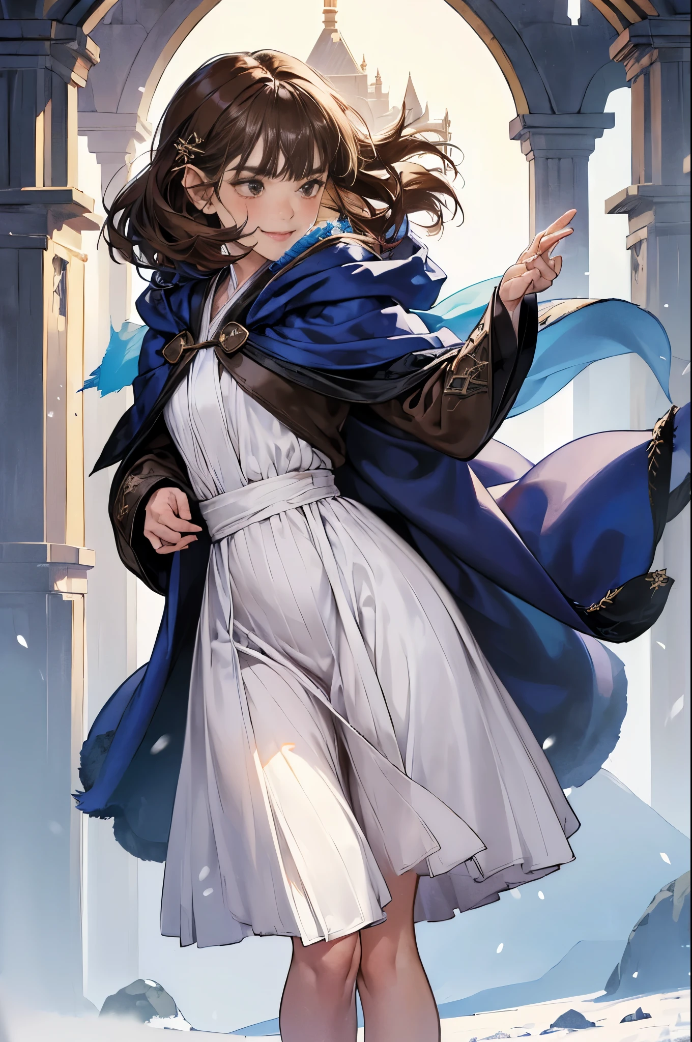 (((((girl))))), masterpiece, ultra detailed, 8K Portrait, Raw photo, woman's portrait photography, full body, Highly detailed face, mischievous childish smile, blush, ((Fantasy)), (((hobbit))), ((Adult)), 45 years old, 110cm, (((ALCHEMIST))), ((tanned skin)), (((olive brown short bob hair))), (((blunt bangs))), hair ornament, (((dark blue silk long Fluffy cloak))) Fluttering in the wind, (((white inner long robe))), long skirt, leather gloves, Midday sun, Hyper realistic, Slender body, by the snowy castle, Ambient lighting, Shadow details, Camera focus on face, strong breeze, Light fog