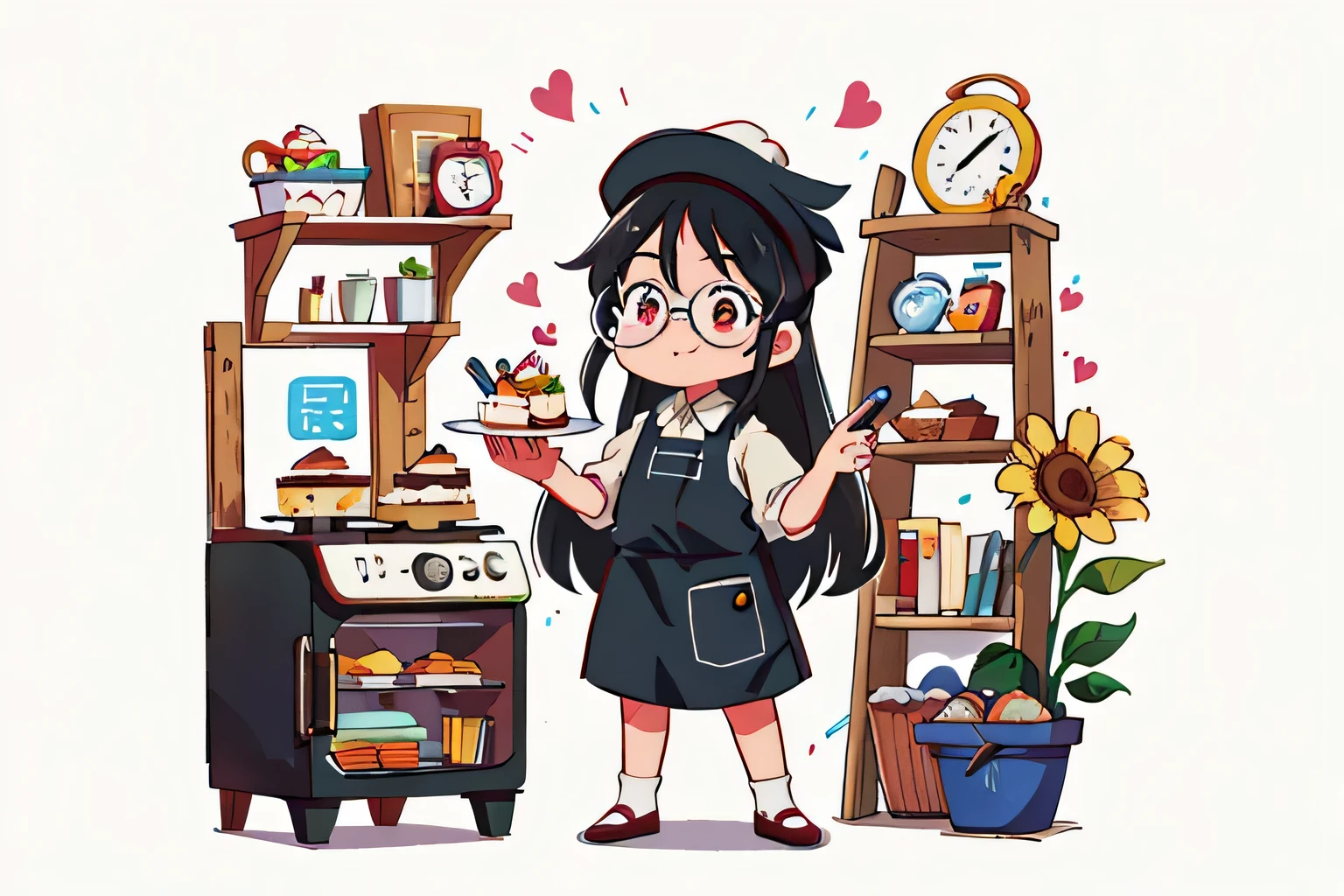 girl with long black hair,Bring glasses,Put on chef clothes,捧著cake(Wearing chef hat),happy,In the kitchen,oven,cake(There is love)happy,sunflower(surrounded by love),logo,vector,line art,design,inspiration,straight line,cheap