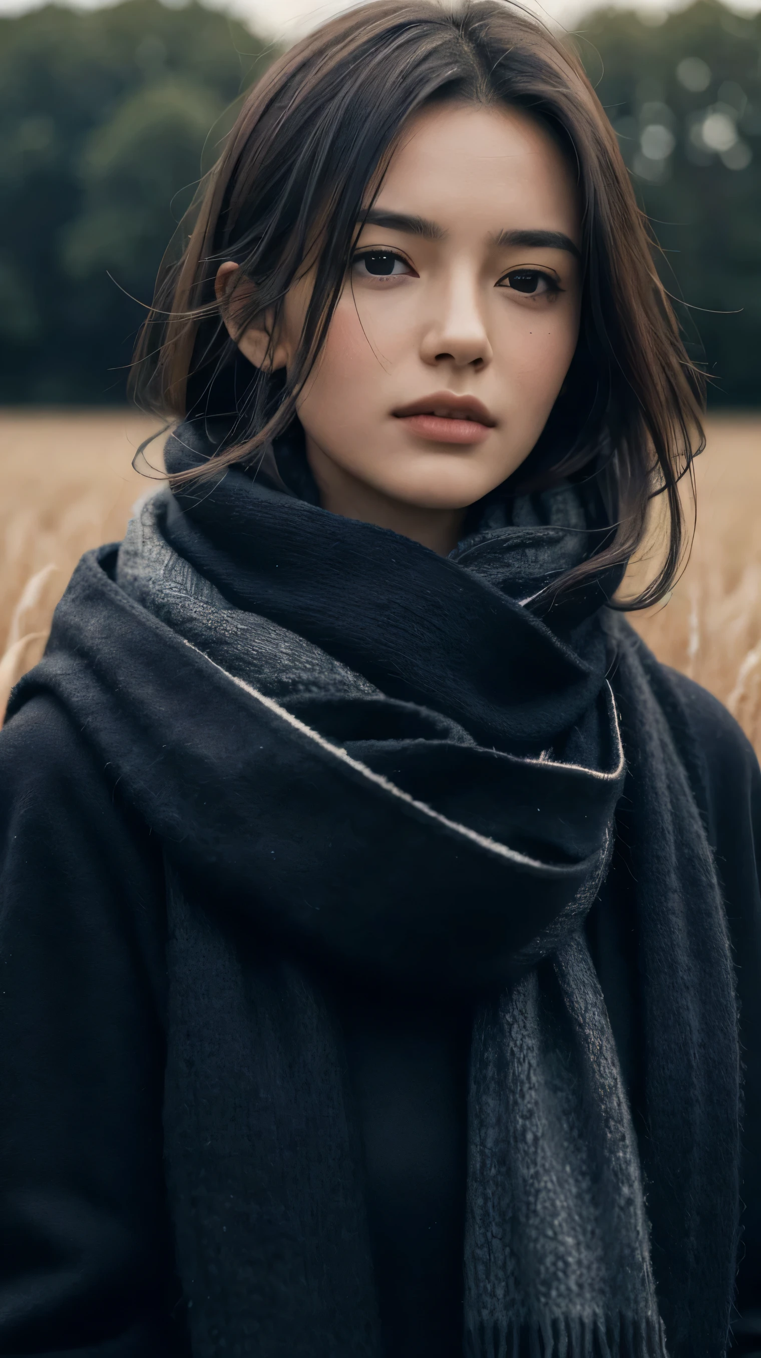 8k, best quality, masterpiece, realistic, ultra detail, photo realistic, Increase quality,
a photo of a girl standing in a field with a scarf, in the style of dark and brooding designer, voluminous mass, photobash, serene faces, jagged edges, navy, natural beauty, close-up shot