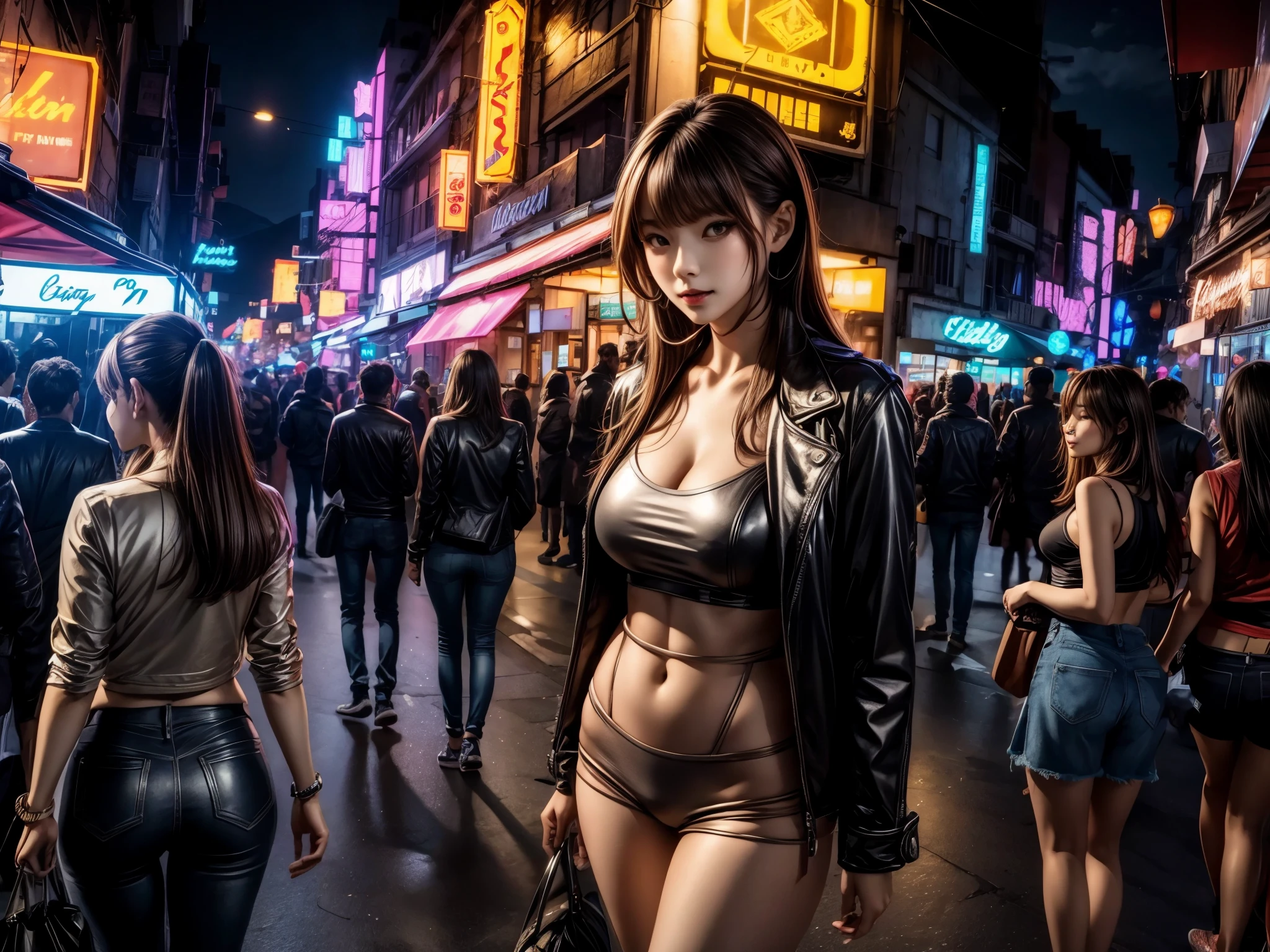 (high quality, vibrant colors:1.2), woman attracting customers, busy downtown area, ((twinkling neon lights)), night scene, vibrant atmosphere, commercial hub, bustling streets, crowded sidewalks, energetic environment, people walking, window shopping, (neon signs), glowing storefronts, colorful reflections, lively vibe, urban nightlife