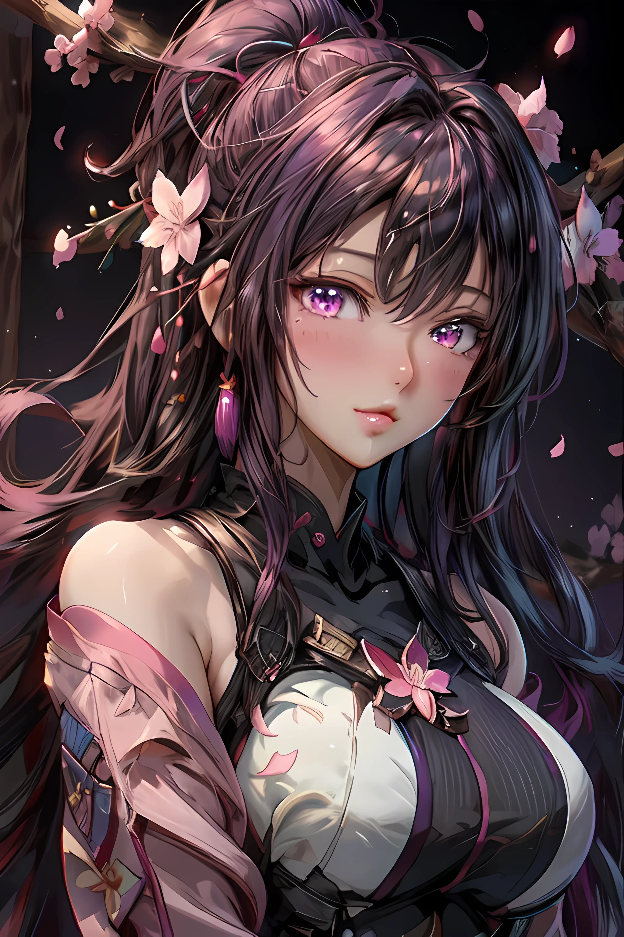 ((Worst quality, low quality)), ((Close-up)), (and:1.2), (Big Breasts), (Black-haired, shortcut:1.3), (Dynamic pose:1.2),ふっくらand輝く唇, Beautiful and clear eyes, (The best smile), Voice of the Heart, (Perfect hands:1.2), (Purple Theme:1.4), (Japanese courtesan and:1.3), (Includes a maxi-length wisteria kimono [yellow] heart:1.4), (精密な藤の花の刺繍and凝った模様: 1.3), (Off the shoulder:1.4), (can:1.2), (A flashy wisteria flower hair ornament:1.3), ((Super huge ribbon:1.2) In front of the waist:1.3), Low angle shot, (Fascinating Light, Moonlight:1.4), (Wisteria trellis background:1.2), Tabletop,Highest quality,Ultra-detailed, masterpiece,masterpiece,best quality,ultra detailed,high-resolution,8k portrait,unity 8k wallpaper,extremely detailed CG unity 8k wallpaper