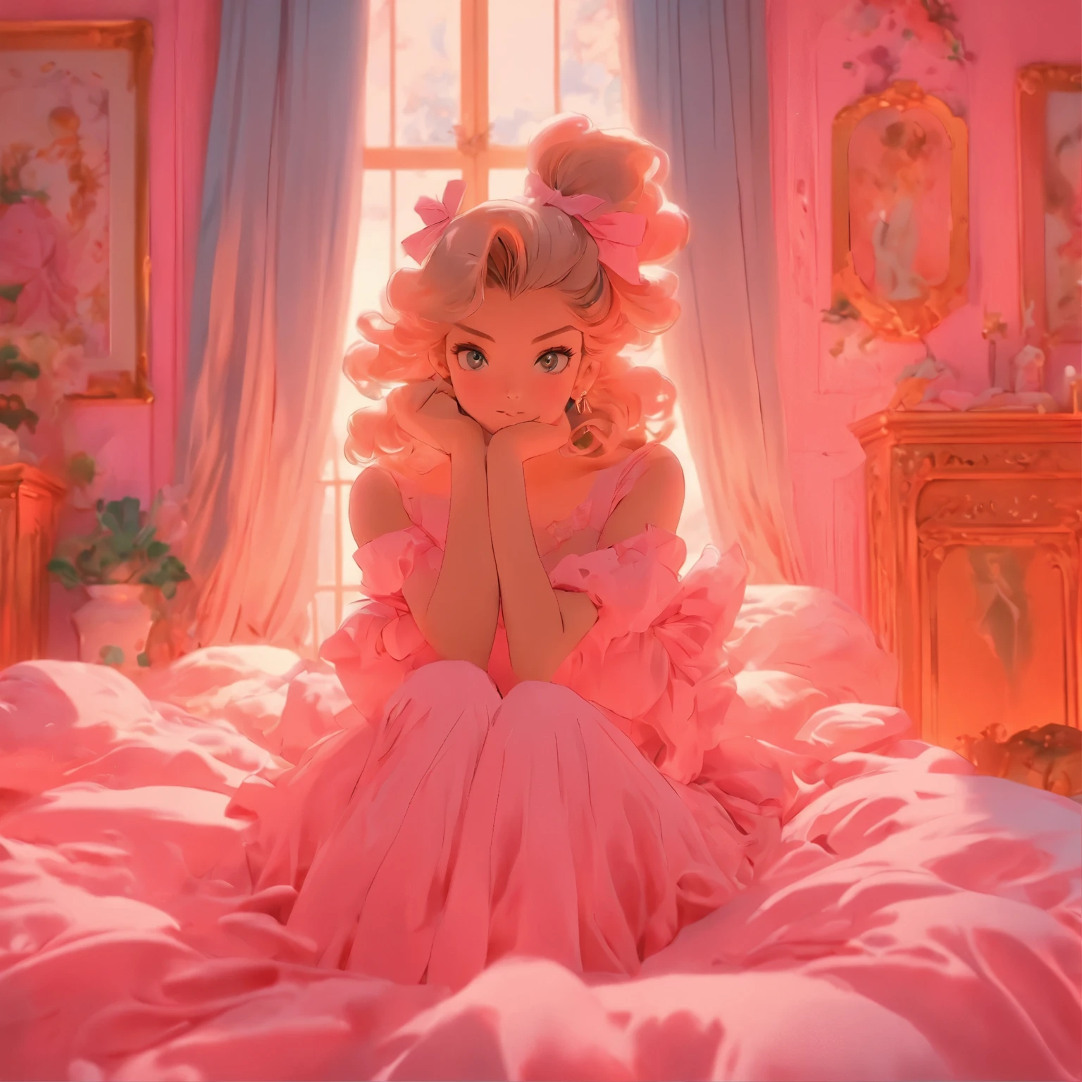 arafed woman in pink dress sitting on bed in pink bedroom, a colorized photo inspired by Cecil Beaton, tumblr, baroque, in style of petra collins, dreamy aesthetic, brightly lit pink room, dreamy ethereal vibe, with soft pink colors, the walls are pink, petra collins, miss aniela, boudoir, pink hues, pink tones