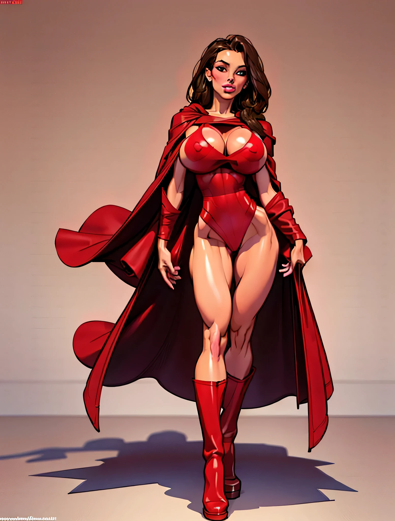 25 year old girl, Super Hero, leotardo rojo y negro, piernas desnudas, tetas grandes, capa roja, botas rojas, Volador, By the chestnut, Caucasian, mirada sexy, tiro largo, obra maestra, anatomically correct, Super detail, detalles altos, Alta calidad, 16k