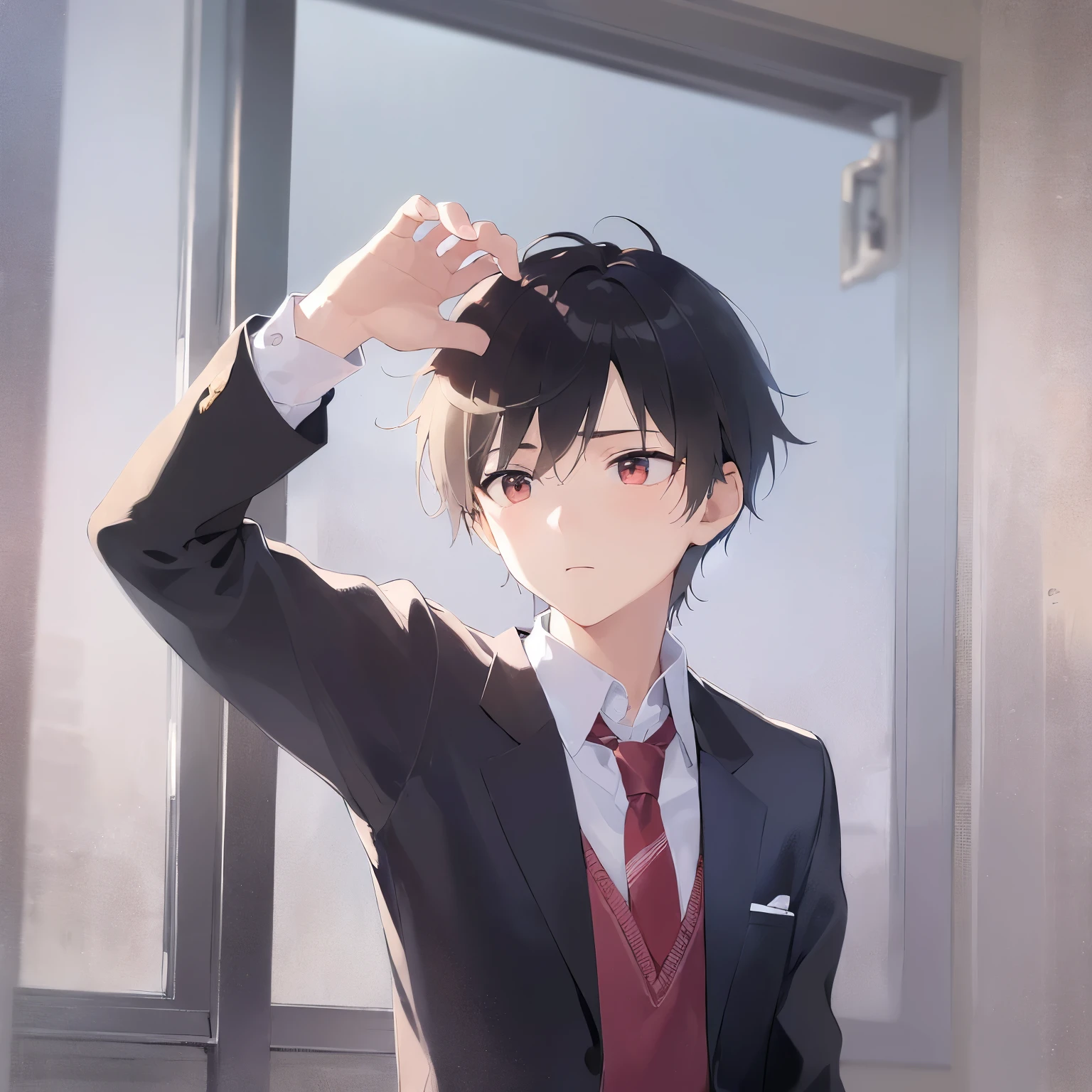 (lookin away:1.5), masterpiece、highest quality、(-yeld ma1.5) and (brown short hair) and (red eyes), (high school uniform) and (wearing a white shirt) and (red tie)、sad, The background is a classroom、(Alone:1.5)、Upper body is shown、Are standing