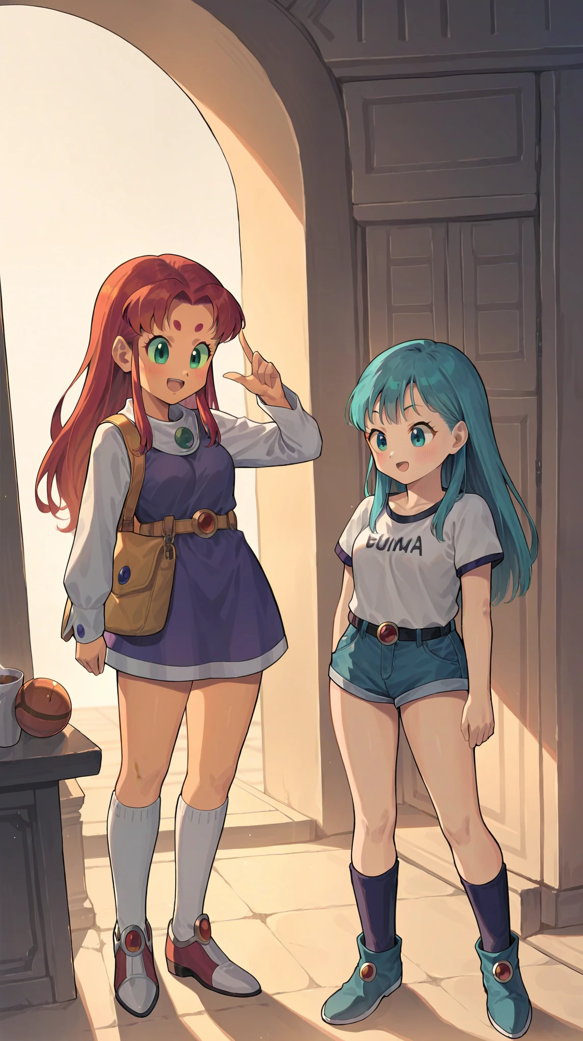 score_9, score_8_up, score_7_up, score_6_up, (by blade \(galaxist\):.6), (by null:.5), 2girls, bulma, starfire, dragon ball, teen titans, bulma and starfire, standing