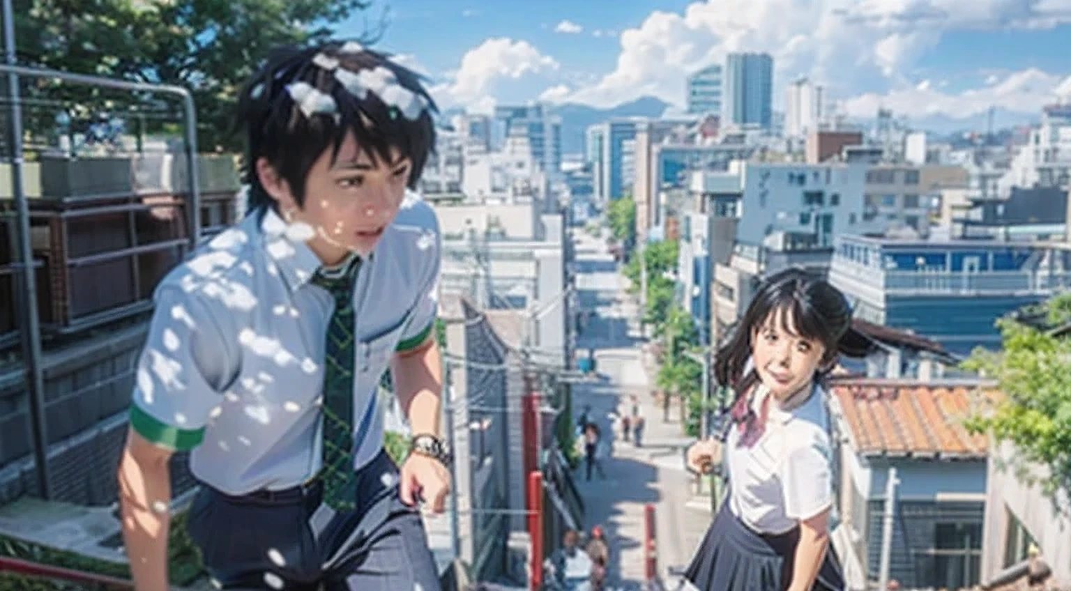 anime characters walking up stairs in a city with a view of a city, your name, kimi no na wa, your name movie style, ( ( makoto shinkai ) ), studio glibly makoto shinkai, sakimichan and makoto shinkai, ross tran and makoto shinkai, makoto shinkai. —h 2160