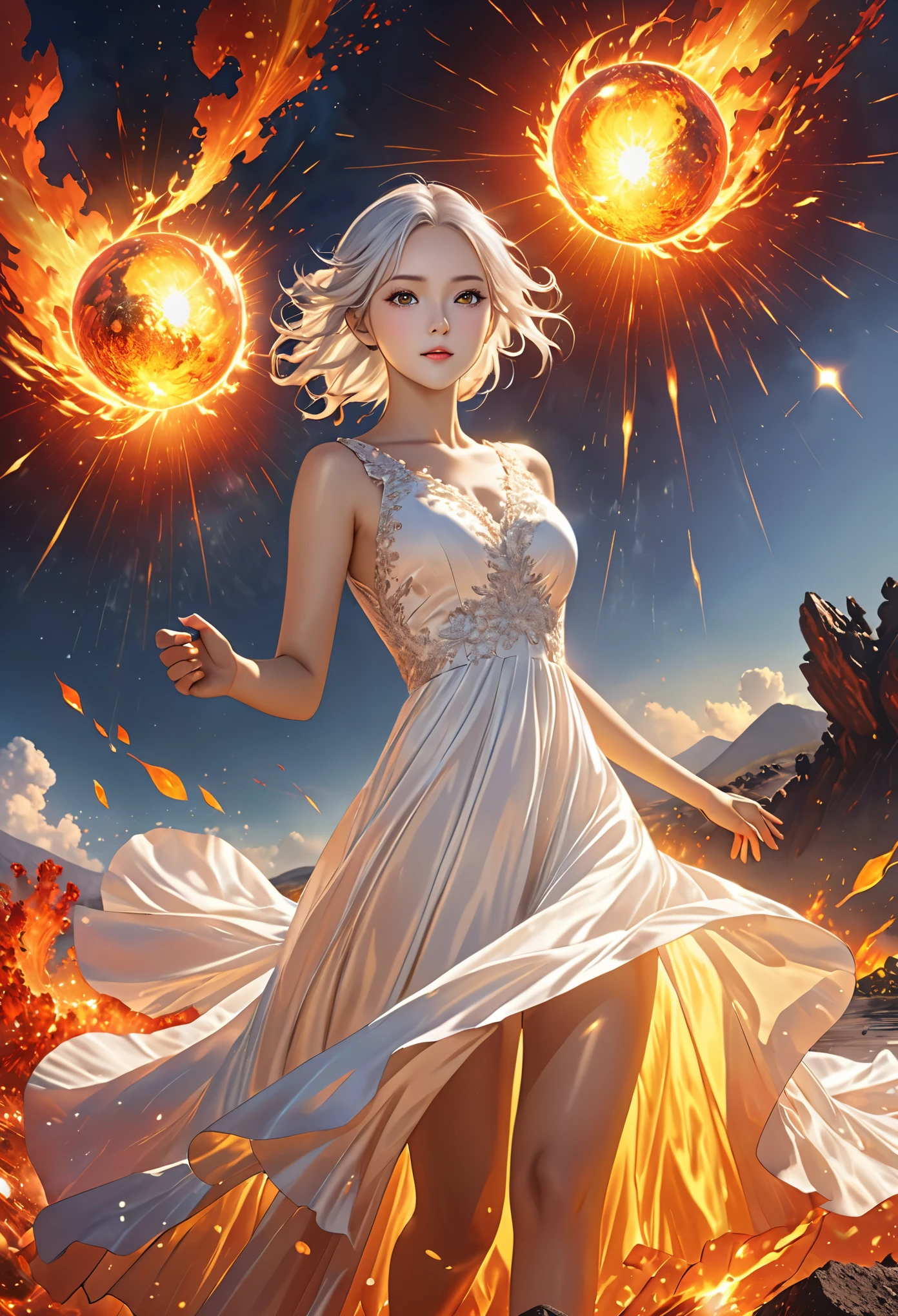 HD, ((Transformers)), ((official art)),(best quality), ((master piece)), (1girl),(solo), ((shine eyes)),(Beautiful and delicate yellow eyes),(Expressionless),(Glossy white hair), (water dorp), ((Gorgeous dress)),), [background: 0.3], (cloud:0.3 | rainbow: 0.6), full body (Thermal energy),(Hot air),(Scorching hot),(Heat),(Shine),(Combustion),(Energy release),(Brightness),(Warmth),(Guidance),(Passion),(Enthusiasm),(Vitality),(Bright),(Active),(Creativity),(Illuminate), (Summer),(Southern direction),

(wide shot:1.2),(looking at viewer:1.2)

(Masters work),(Masterpiece),(Best quality),(best aesthetic),(Highest picture quality),(High resolution),(Lifelike and threedimensional)

(Finely detailed),(Refined rendering),(Amazing),(intricate)

(Bestshadow with lightchase),(Cinematic lighting),(sharp focus),(dynamic pose)

(Extremely detailed CG unity 8k wallpaper),(hair_strand),(High facial quality),(Exquisite face),(pretty eyelashes),(finely detailed beautiful eyes),(shiny eyes),(glossy eyes)

(perfect anatomy),(Exquisite clothes)

(detailed background),(surreal),(diffuse light),(ambient light),(windy),(floating_light_spot)
Red:1.3, Orange, pull body

(Fire:1.3)

(Star),(Sun),(Flame),(Fireball),(Magma),(Interstellar explosion),(Red galaxy),(Red nebula),(Stars),(Meteor),(Fire),(Sunlight),(Volcanic eruption)

(Thermal energy),(Hot air),(Scorching hot),(Heat),(Shine),(Combustion),(Energy release),(Brightness),(Warmth),(Guidance),(Passion),(Enthusiasm),(Vitality),(Bright),(Active),(Creativity),(Illuminate)

(Summer),(Southern direction)
