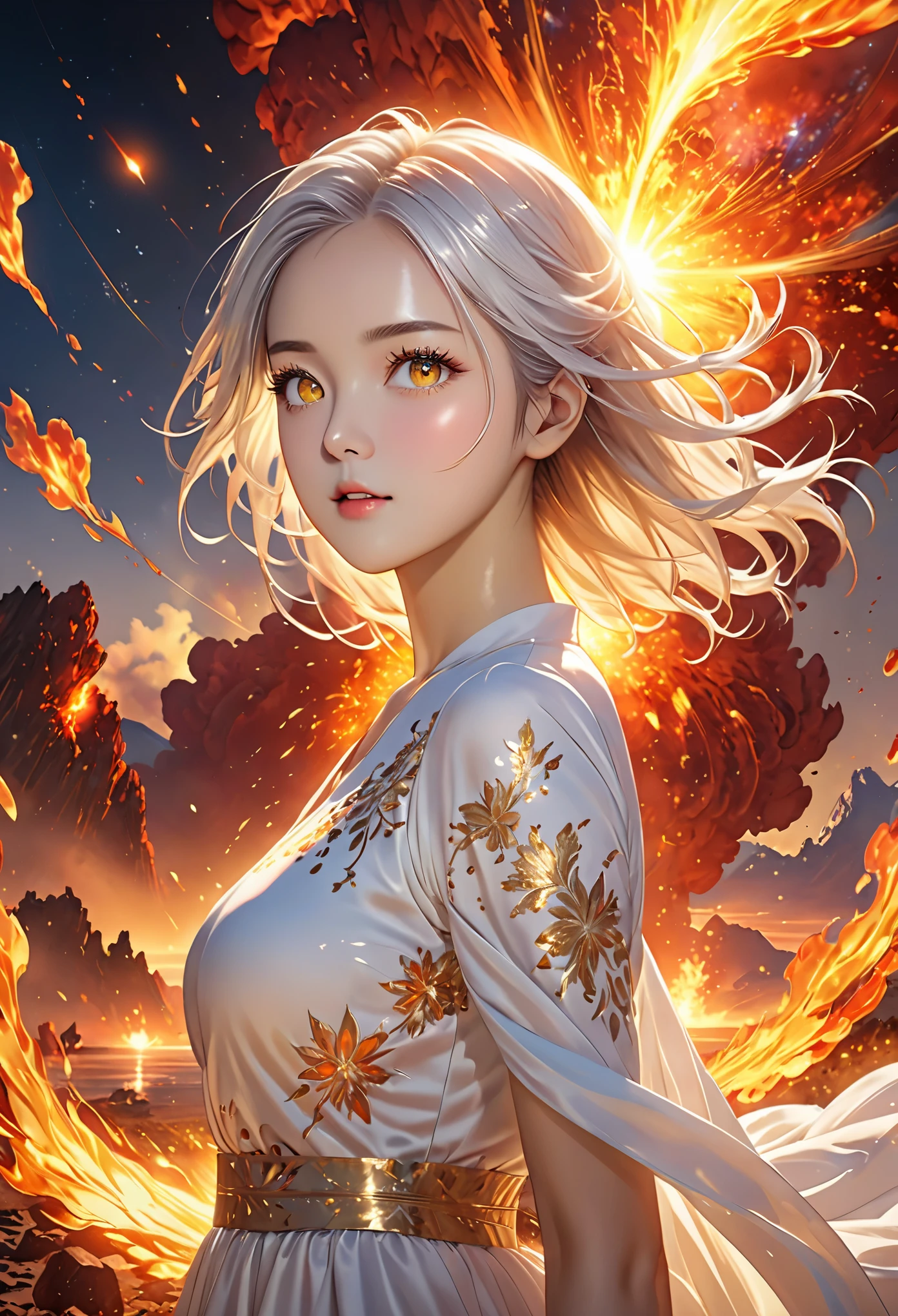 HD, ((Transformers)), ((official art)),(best quality), ((master piece)), (1girl),(solo), ((shine eyes)),(Beautiful and delicate yellow eyes),(Expressionless),(Glossy white hair), (water dorp), ((Gorgeous dress)),), [background: 0.3], (cloud:0.3 | rainbow: 0.6), full body (Thermal energy),(Hot air),(Scorching hot),(Heat),(Shine),(Combustion),(Energy release),(Brightness),(Warmth),(Guidance),(Passion),(Enthusiasm),(Vitality),(Bright),(Active),(Creativity),(Illuminate), (Summer),(Southern direction),

(wide shot:1.2),(looking at viewer:1.2)

(Masters work),(Masterpiece),(Best quality),(best aesthetic),(Highest picture quality),(High resolution),(Lifelike and threedimensional)

(Finely detailed),(Refined rendering),(Amazing),(intricate)

(Bestshadow with lightchase),(Cinematic lighting),(sharp focus),(dynamic pose)

(Extremely detailed CG unity 8k wallpaper),(hair_strand),(High facial quality),(Exquisite face),(pretty eyelashes),(finely detailed beautiful eyes),(shiny eyes),(glossy eyes)

(perfect anatomy),(Exquisite clothes)

(detailed background),(surreal),(diffuse light),(ambient light),(windy),(floating_light_spot)
Red:1.3, Orange, pull body

(Fire:1.3)

(Star),(Sun),(Flame),(Fireball),(Magma),(Interstellar explosion),(Red galaxy),(Red nebula),(Stars),(Meteor),(Fire),(Sunlight),(Volcanic eruption)

(Thermal energy),(Hot air),(Scorching hot),(Heat),(Shine),(Combustion),(Energy release),(Brightness),(Warmth),(Guidance),(Passion),(Enthusiasm),(Vitality),(Bright),(Active),(Creativity),(Illuminate)

(Summer),(Southern direction)
