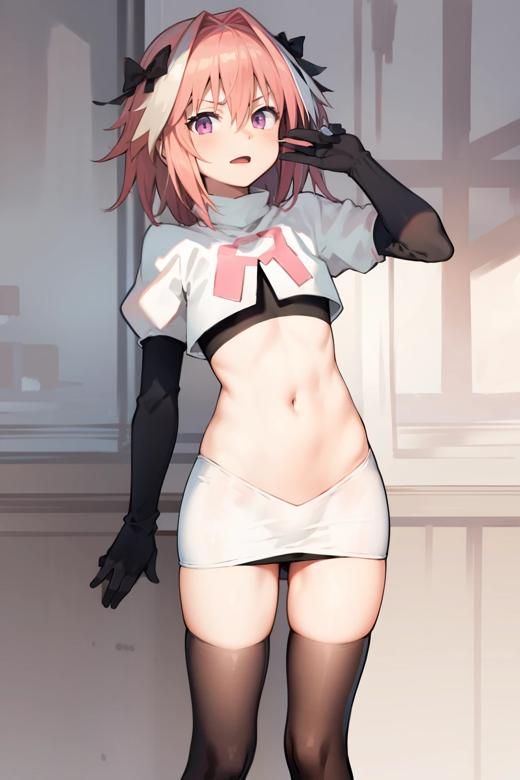 absurdres, masterpiece, best quality, (astolfo fate:1.2155), 1boy, male focus, trap, pink multicolored hair, pink hair, white hair, hair intakes, long hair, pink detailed eyes, crossdressing,1boy, team rocket,team rocket uniform, red letter R, white skirt,white crop top,black thigh-highs,black elbow gloves