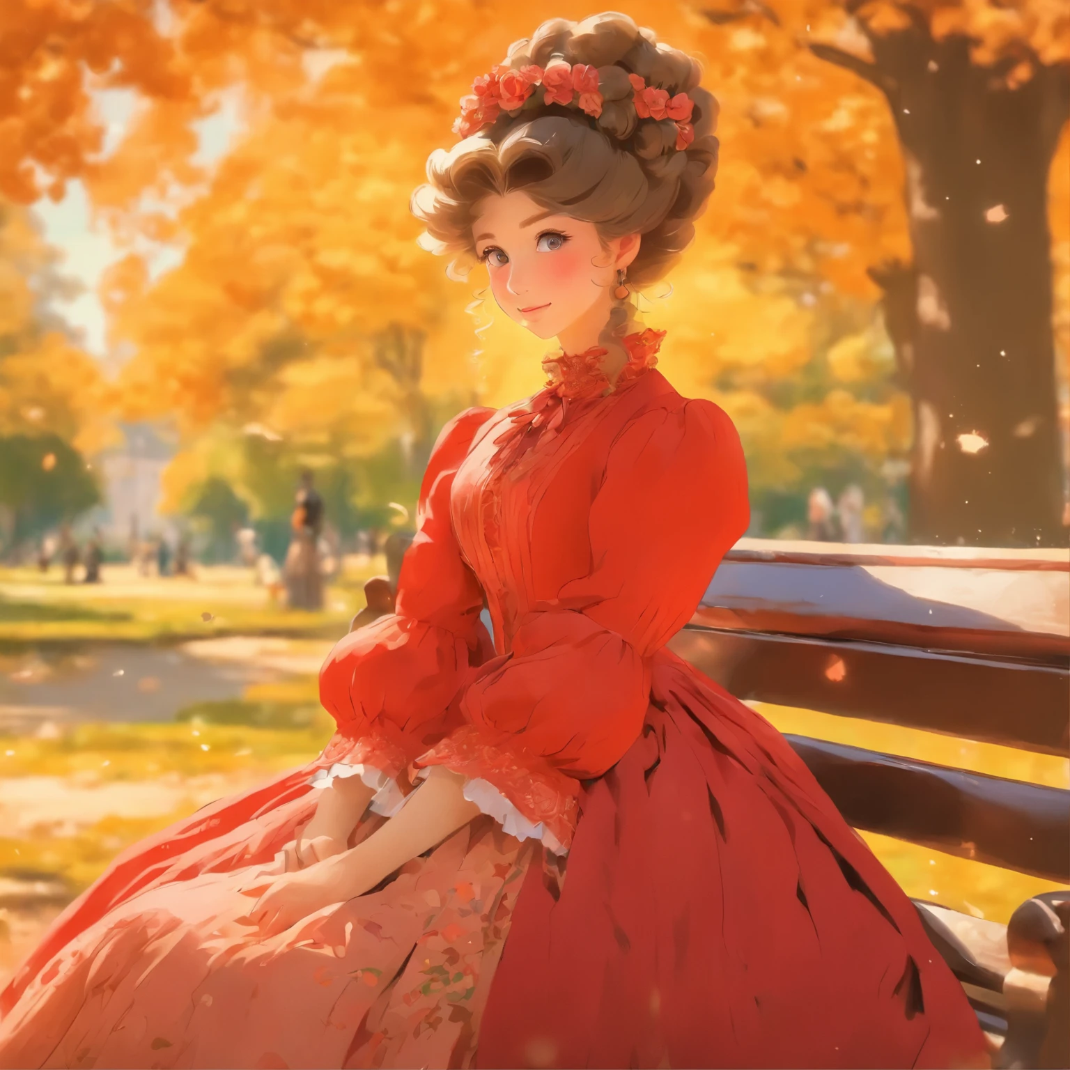 there is a woman sitting on a bench in a park, a portrait inspired by Ilya Repin, instagram, naive art, wearing 10s era clothes, dress in the style of rococo, victorian style costume, wearing 1860s era clothes, in a red victorian era dress, wearing 1850s era clothes