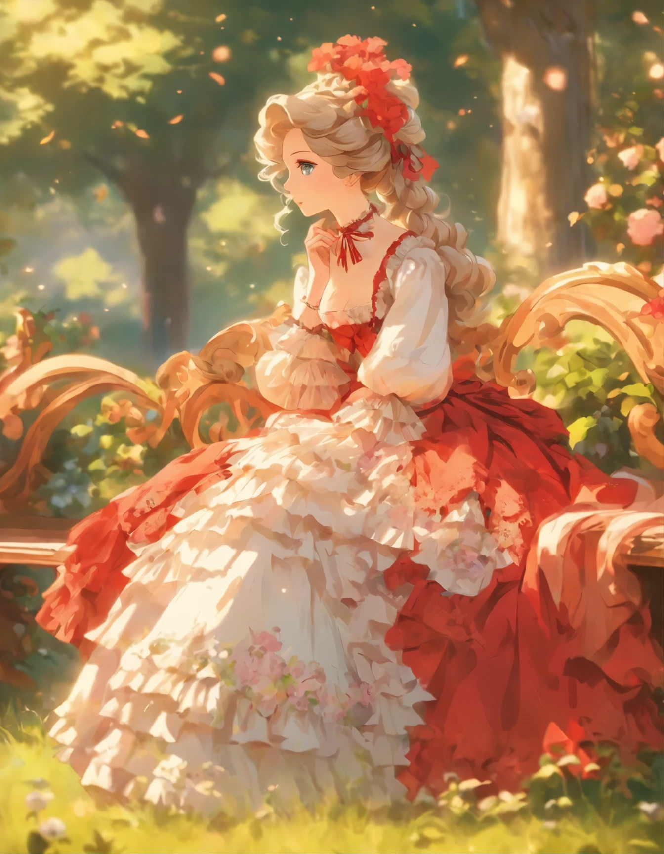 there is a woman sitting on a bench in a park, wearing 10s era clothes, dress in the style of rococo, victorian style costume, wearing 1860s era clothes, in a red victorian era dress, wearing 1 8 5 0 s era clothes, wearing 1850s era clothes, russian clothes