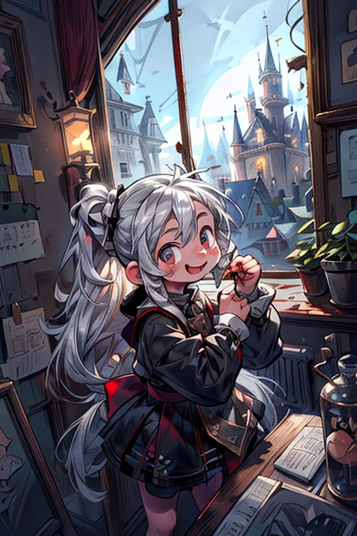 masterpiece, best quality, cute, kawaii, 1 girl,kid,solo,silver brite hair,pony tail hair,golden shining eyes,smile face,colorless,gothic dress,bloody dark room,in the castle,you can see the castle from the window too,night,red moonlight,