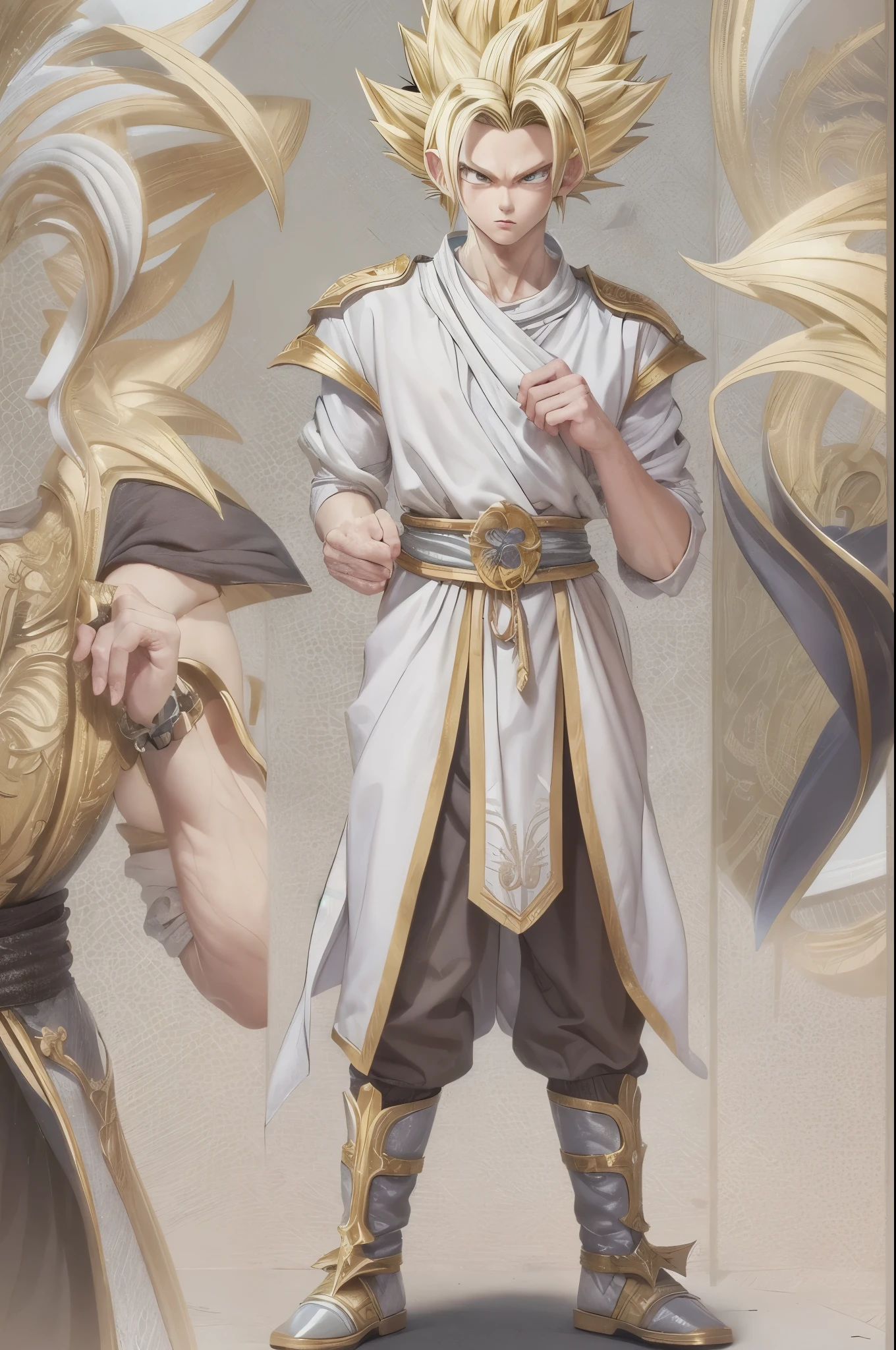 (master piece), 8k, best quality, panoramic view, full body, elf boy, childlike appearance, male, teenager, 14 years old, 1.70 meters tall, white skin, thin body, pointed elf ears, beautiful finely detailed silver eyes, high forehead, spiky yellow blonde hair like Gohan from the anime dragon ball (super saiyan), Round face, highly detailed, sharp focus, Incredibly handsome, looking at camera, conservative elven outfit, conservative posture, in foot
