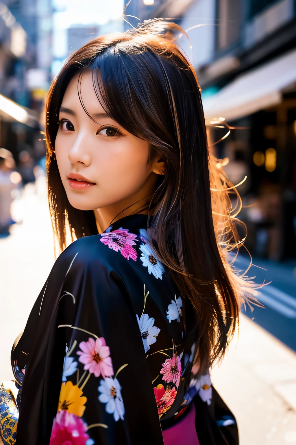 Beautiful Japanese supermodel woman, A lock of hair with slight highlights, black eyes, Sexy,street background,Gorgeous kimono , Liquid color flows across her face, Shooting against the light,Perfect facial lighting,mixed media