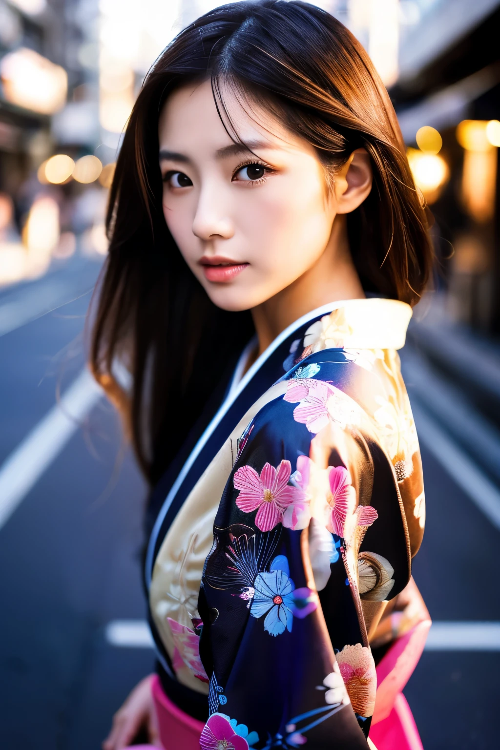 Beautiful Japanese supermodel woman, A lock of hair with slight highlights, black eyes, Sexy，street background，Gorgeous kimono , Liquid color flows across her face, Shooting against the light，Perfect facial lighting，mixed media