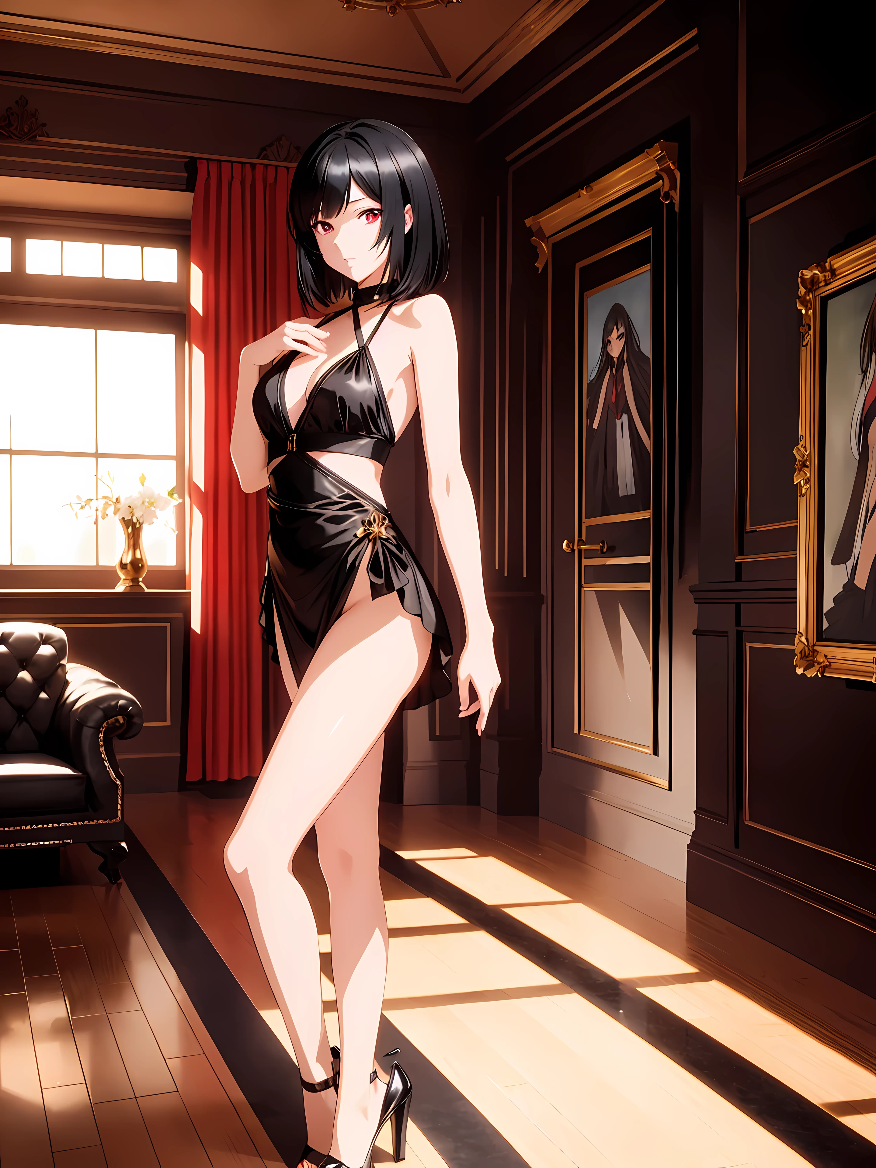 ((((Masterpiece in maximum 16K resolution, with an anime style emphasizing a dynamic 3D perspective and sharp Detalhes.)))) | Uma garota de , parado em 1.60 metros de altura, is dressed in a sexy and revealing maid uniform. dela ((cabelo preto curto)) tem um estilo elegante em um corte bob, enquanto ela ((olhos vermelhos)) brilhar com vitalidade. She is in a confident and attractive pose, with a charm and seduction ((Facial expression)). | o setting features a luxurious environment, with elegant furniture and golden Detalhes. o ((Lighting)) It's smooth and creative, com sombras e realces bem definidos, enhancing the girl's beauty. | Tridimensional composition, with an emphasis on the girl's dynamic pose and the creative perspective of the scene. | With cinematic Lighting and elements such as gloss, soft Lighting, Suavidade, e textura, adding dynamism and depth to the image. | Cena de uma linda garota em um uniforme de empregada sexy e revelador, em um ambiente luxuoso. | (((((full-corpo_imagem))))), ((perfeito_pose, perfeito_anatomia, perfeito_corpo, perfeito_composition, perfeito_Projeto, perfeito_Disposition, perfeito_Detalhe, ultra_Detalheed, Melhorar_Detalhes, correto_imperfeitoions)), ((melhorar_Hands, perfeito_dedos, perfeito_pernas, perfeito_Hands)), Mais detalhes, Melhorar.
