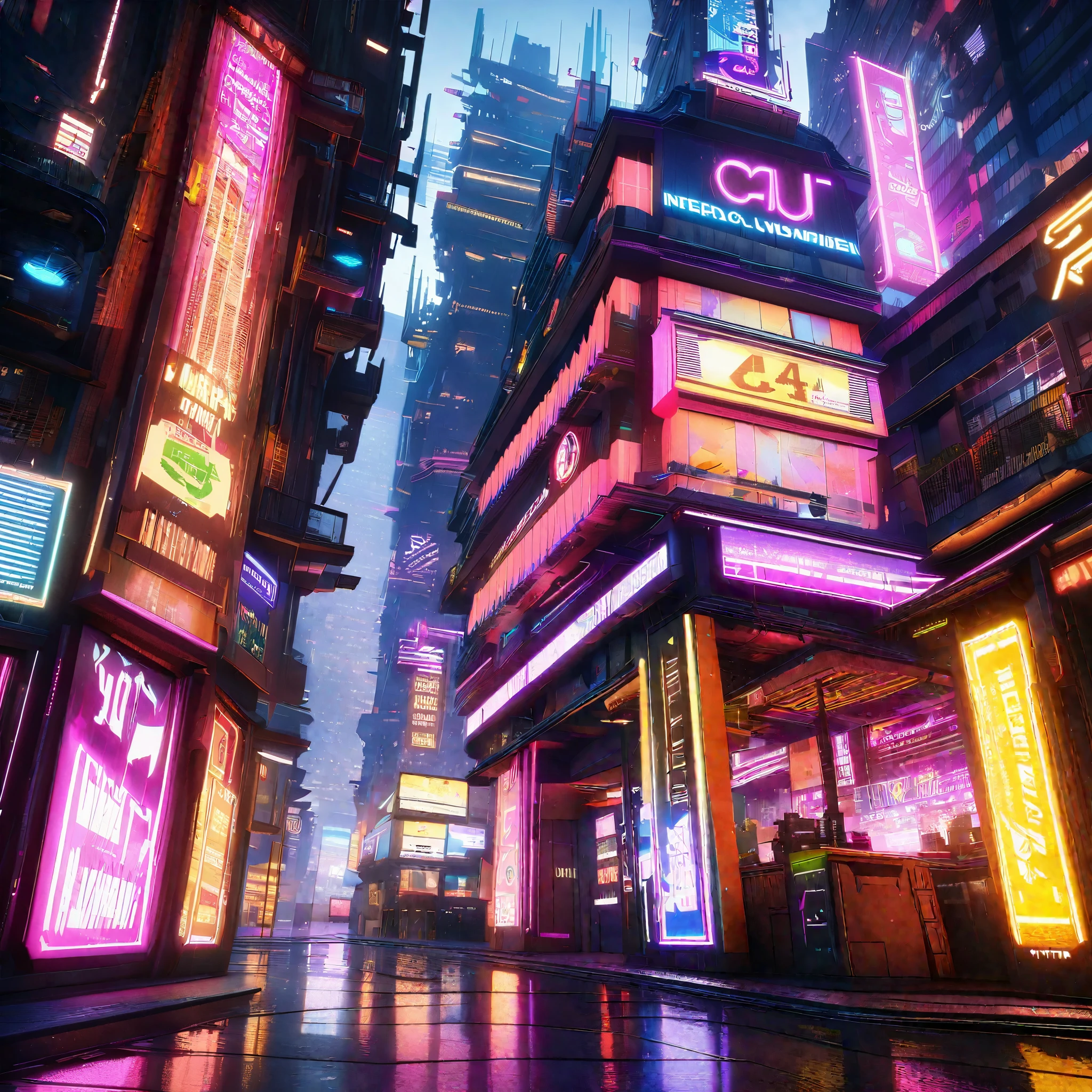 Cyberpunk cityscape, neon lights, futuristic architecture, symmetrical structures, wide-angle lens, neon signs, bustling streets, intricate details, digital art, Unreal Engine, C4D, Blender, high-rise buildings, interplay of light and shadow, vivid colors, studio lighting, ultra-detailed, HDR, professional, vibrant colors, bokeh