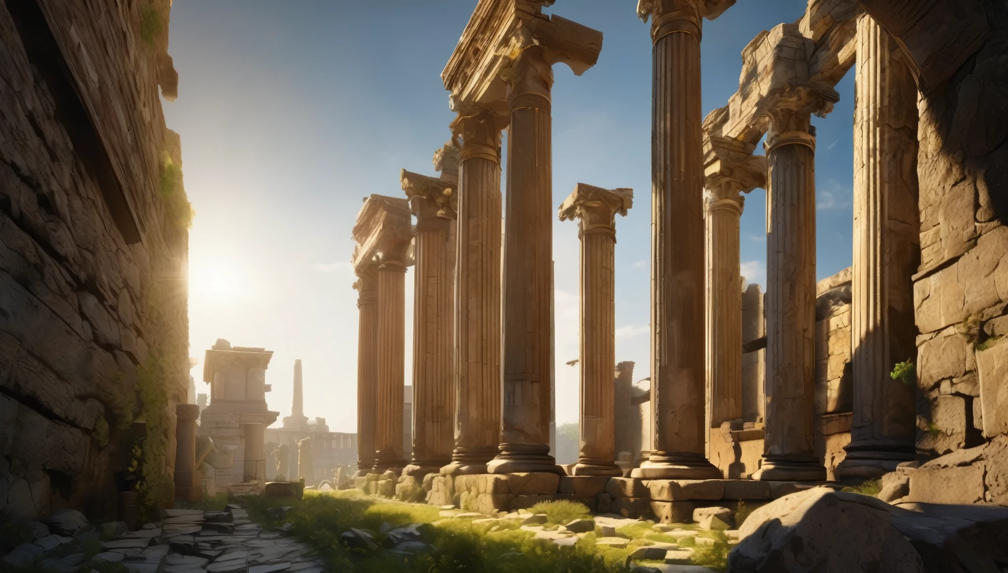 ((ultra detailed):1.4),((Still images, looks like movies, and dynamic angles):1.3), antique city, the sun shines through the columns, stones and fragments of columns,