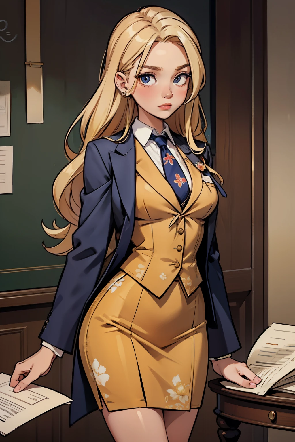 blonde, long hair, intern, papers, skirt suit, (((three-piece suit))), (((necktie))), blazer, (((suit jacket))), (((waistcoat))), double-breasted waistcoat, bodycon miniskirt, pencil skirt, office, surprise,floral pattern