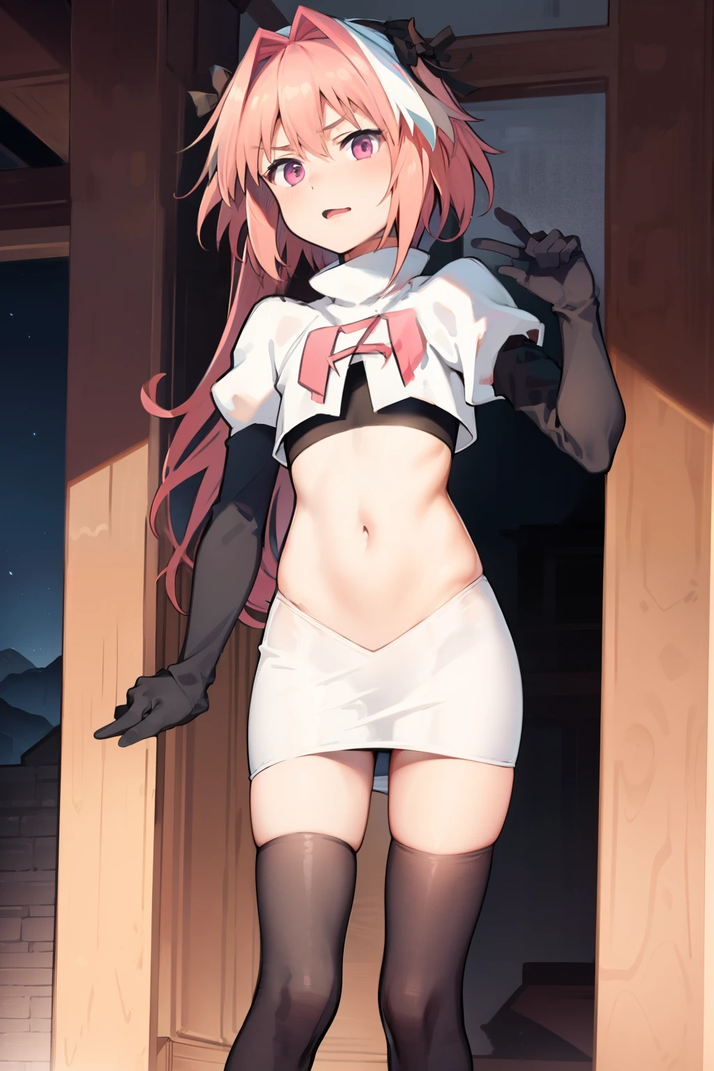 absurdres, masterpiece, best quality, (astolfo fate:1.2155), 1boy, male focus, trap, pink multicolored hair, pink hair, white hair, hair intakes, long hair, pink detailed eyes, crossdressing,1boy, team rocket,team rocket uniform, red letter R, white skirt,white crop top,black thigh-highs,black elbow gloves