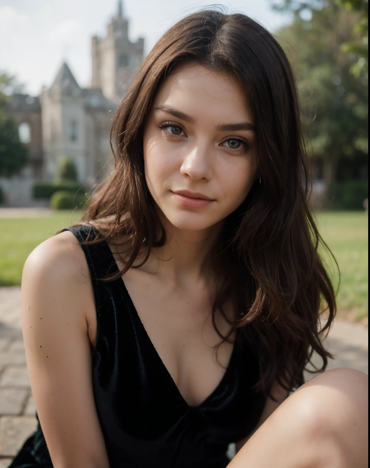 Cute beautiful sexy European light-green-eyed brunette, 22 years old, 

girl in a  black velvet dress, stylish velvet dress,  full body view, velvet black dress, black dress, elegant dress,  castle ruins, nature, bare legs, 

innocent face, face-length 1.3 times the face-width, almond-shaped eyes, squared face-shape, high cheekbones, naturally wavy hair, light-green eyes, high-res, masterpiece, best quality, intricate details, very detailed, sharp focus, detailed skin, realistic skin texture, texture, detailed eyes, professional, 4k, charming smile, shot with Canon, depth of field, Kodak Vision color, perfectly fitting body, extremely detailed, photo_\( ultra\), photorealistic, realistic, post processing, maximum details, roughness, real life, ultrarealistic, photorealism, photography, 8k UHD, photography
