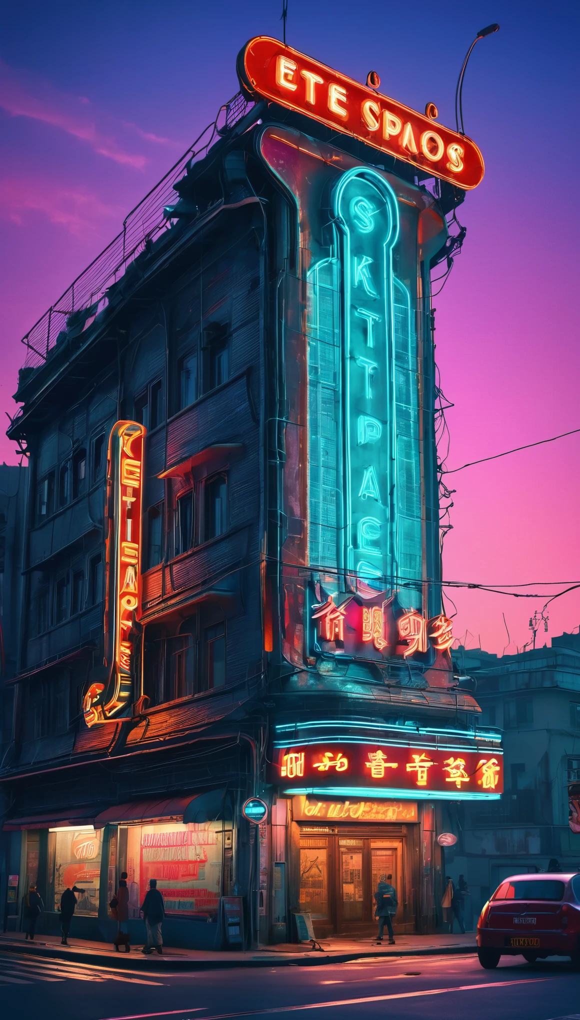 best quality, super fine, 16k, incredibly absurdres, extremely detailed, a building built nearly 100 years ago and a (large neon sign) on the rooftop, very old, retro, nostalgic, background contrasting scenery, In the distance is a futuristic city, a world in transition, (magnificent view:1.3) 