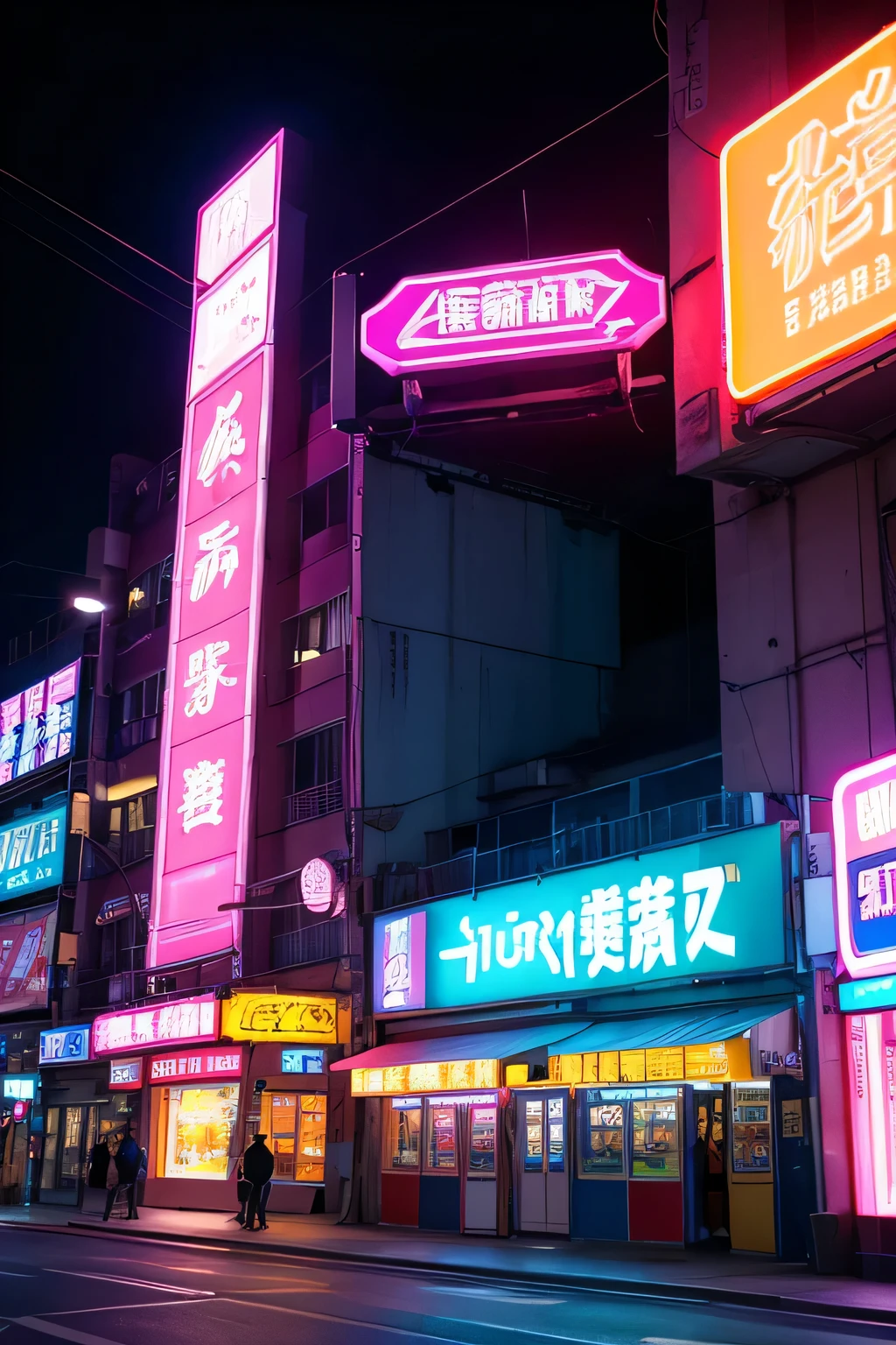 neon lights牌，City buildings are covered with bright signs, colorful neon lights, neon lights in background, neon lights商店, gigantic neon lights, neon lights, with neon lights, neon lights, japanese neon lights, bright neon lights, 到处都是neon lights, 商店上方的neon lights, pink yellow and blue neon lights, 城市neon lights, neon lights电子标牌, few neon lights