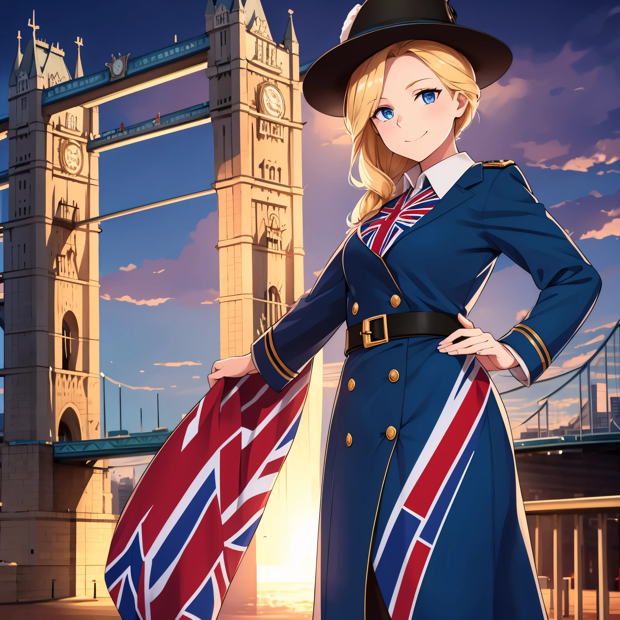 A woman with a long blue coat, personalized with the flag of Great Britain, blonde hair, wearing a feminine hat, blue eyes, smiling, on Tower Bridge of England, with the sky at the end of the sunset, illuminated place, ultra resolution , perfect, very detailed, work of art, 4k hd