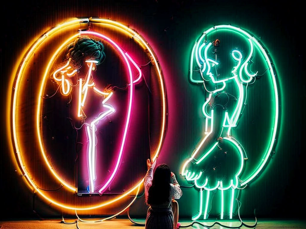 A girl admiring the neon sign of her image