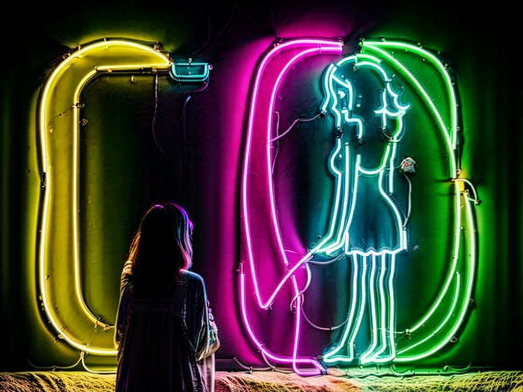 A girl admiring the neon sign of her image