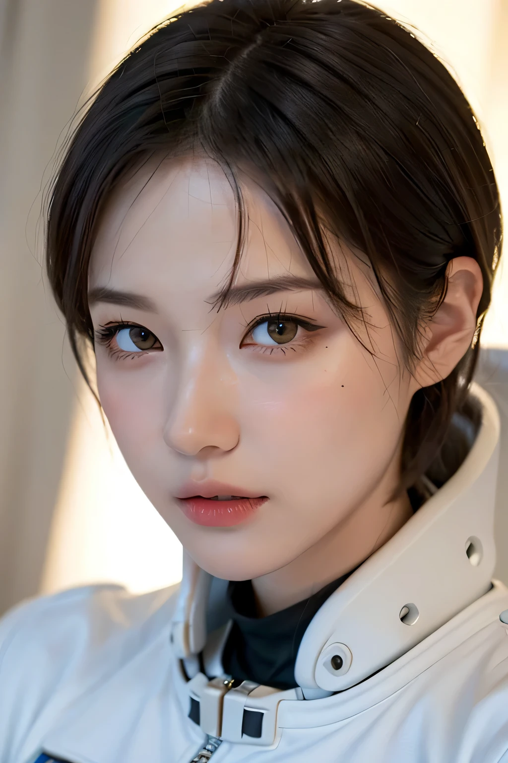 highest quality、masterpiece、ultra high resolution、(real:1.4)、Beautiful woman１、Beautiful details of eyes and skin、light brown short cut hair、perfect space suit、spaceship、macrocosm、Remains、rocky mountain、cloudy sky、