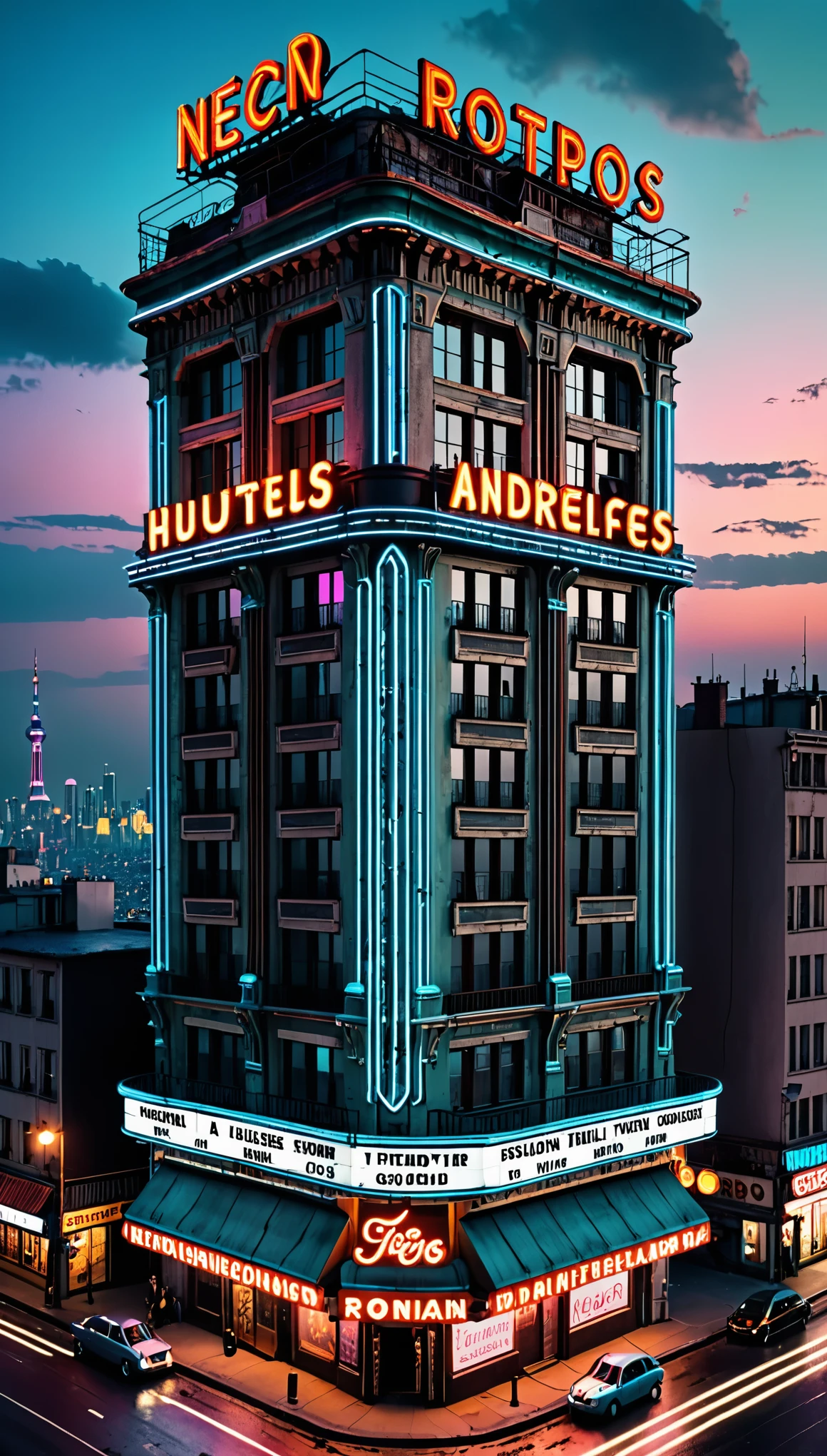 best quality, super fine, 16k, incredibly absurdres, extremely detailed, a building built nearly 100 years ago and a (large neon sign) on the rooftop, very old, retro, nostalgic, background contrasting scenery, In the distance is a futuristic city, a world in transition, (magnificent view:1.3) 
