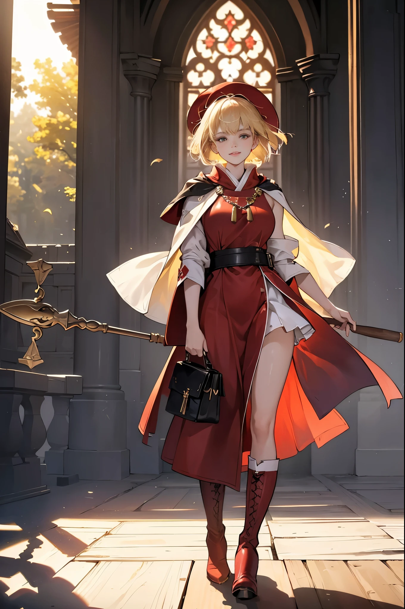 masterpiece, ultra detailed, 8k portrait, RAW photo, portrait photography, highly detailed face, beautiful and meticulous eyes, ((Fantasy)), Young beautiful, dynamic pose, kind face, smile, (((Blonde very short hair, bangs))), ((Priest)), wood necklace, clergy hat, (((long cloak))) fluttering in the wind, (((dark dull red oversized Priest robe))), (((long skirt)), (((low boots))), ((holding long wood staff)), big shoulder bag, Midday Sun, hyper realistic, Body model, Big breasts, Beautiful breasts, Long legs, in the crowd, Ambient lighting, Shadow details , Camera focus on face, strong breeze, Light fog